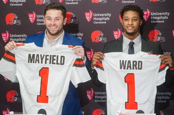 Baker Mayfield and Denzel Ward at their introductory press conference in Cleveland.