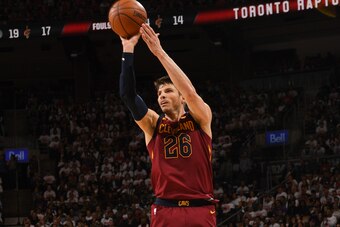 TORONTO, CANADA - MAY 1: Kyle Korver #26 of the Cleveland Cavaliers shoots the ball against the Toronto Raptors in Game One of Round Two of the 2018 NBA Playoffs on May 1, 2018 at the Air Canada Centre in Toronto, Ontario, Canada.  NOTE TO USER: User expr