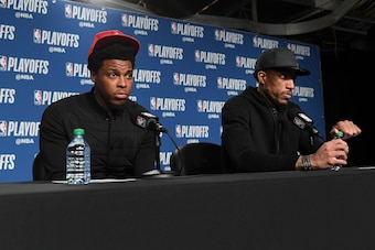 TORONTO, CANADA - MAY 1: Kyle Lowry #7 and DeMar DeRozan #10 of the Toronto Raptors speak to the media after game against the Cleveland Cavaliers in Game One of Round Two of the 2018 NBA Playoffs on May 1, 2018 at the Air Canada Centre in Toronto, Ontario