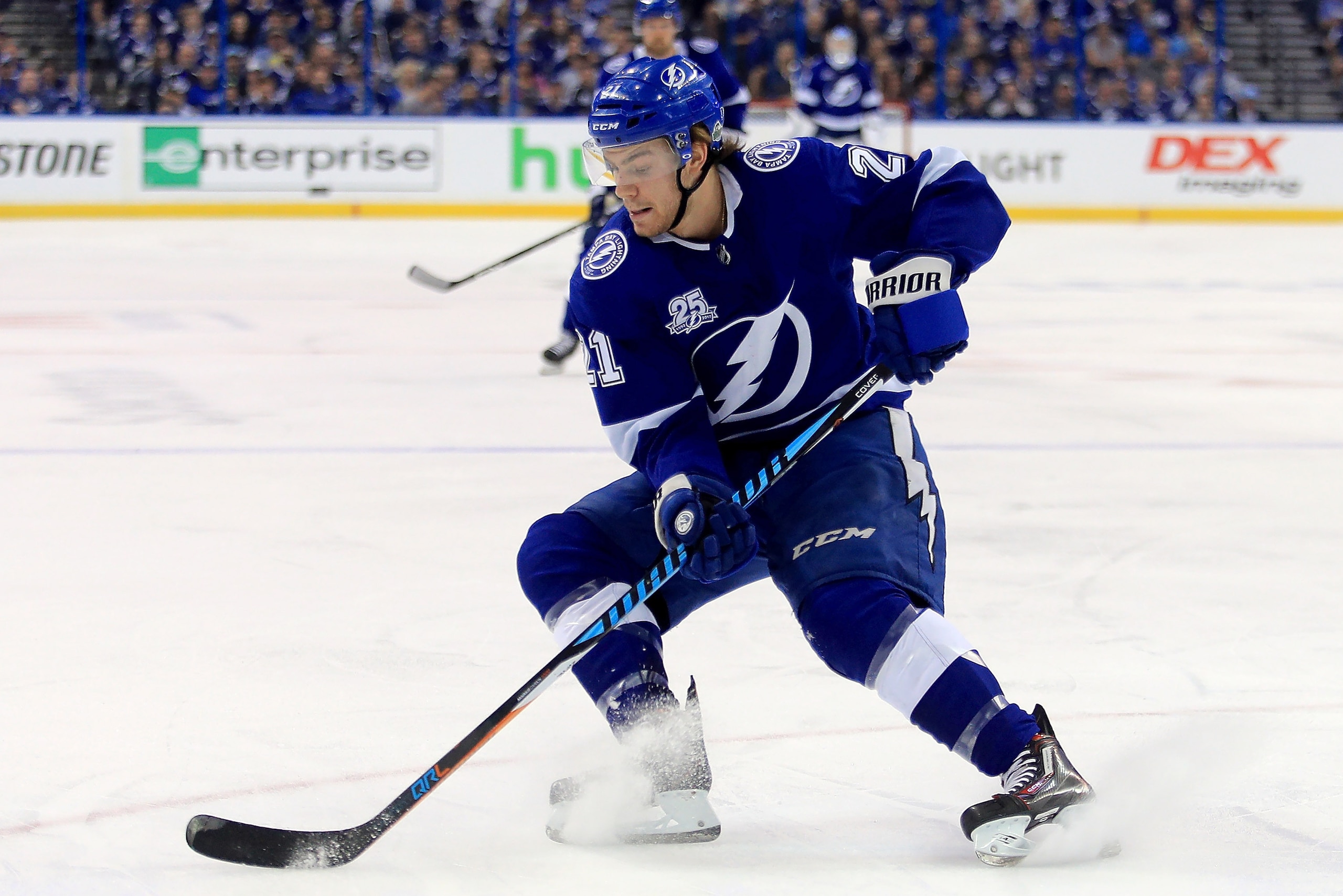 TAMPA, FL - APRIL 14: Brayden Point #21 of the Tampa Bay Lightning carries the puck during Game Two of the Eastern Conference First Round against the New Jersey Devils during the 2018 NHL Stanley Cup Playoffs at Amalie Arena on April 14, 2018 in Tampa, Fl