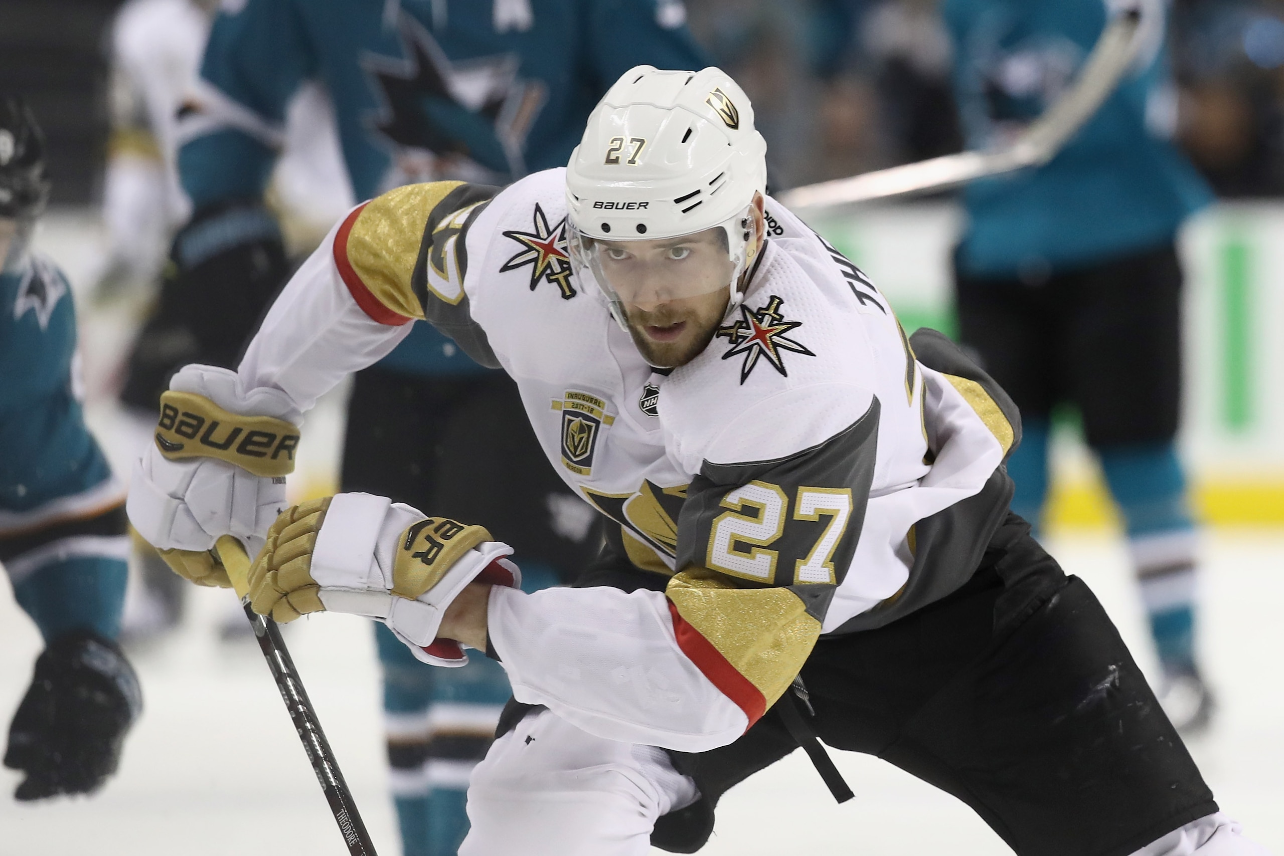 SAN JOSE, CA - APRIL 30:  Shea Theodore #27 of the Vegas Golden Knights in action against the San Jose Sharks during Game Three of the Western Conference Second Round during the 2018 NHL Stanley Cup Playoffs at SAP Center on April 30, 2018 in San Jose, Ca