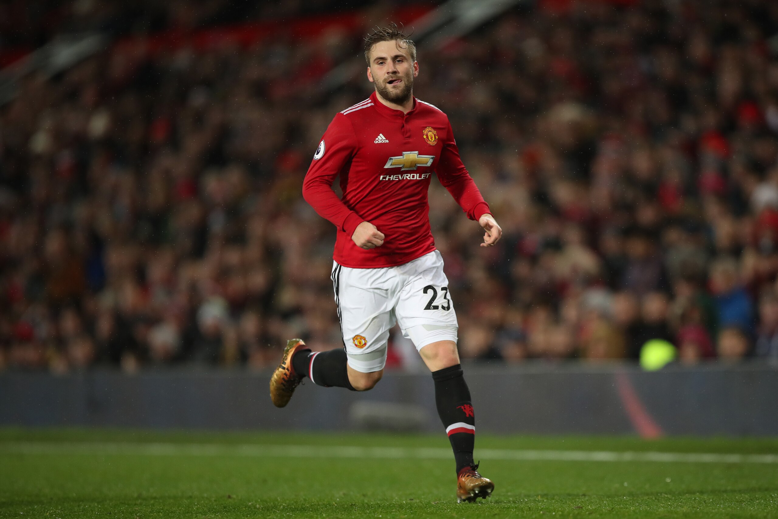 MANCHESTER, ENGLAND - JANUARY 15: Luke Shaw of Manchester United during the Premier League match between Manchester United and Stoke City at Old Trafford on January 15, 2018 in Manchester, England. (Photo by Robbie Jay Barratt - AMA/Getty Images)