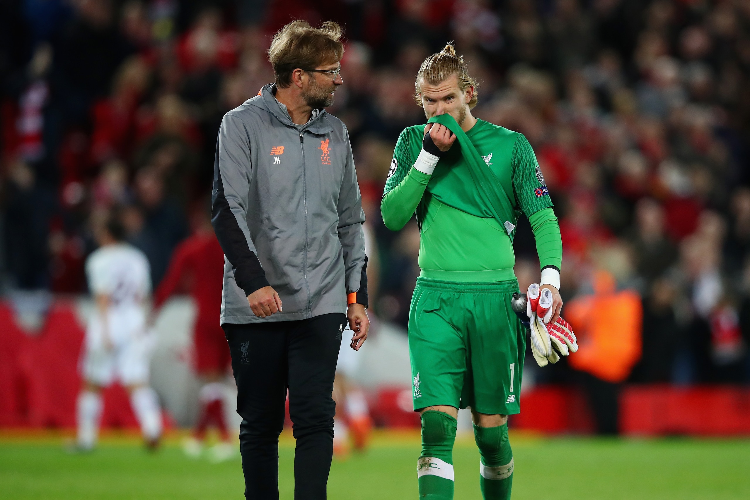 LIVERPOOL, ENGLAND - APRIL 24: Jurgen Klopp, Manager of Liverpool and Loris Karius of Liverpool in discussion after the UEFA Champions League Semi Final First Leg match between Liverpool and A.S. Roma at Anfield on April 24, 2018 in Liverpool, United Kin LIVERPOOL, ENGLAND - APRIL 24: Jurgen Klopp, Manager of Liverpool and Loris Karius of Liverpool in discussion after the UEFA Champions League Semi Final First Leg match between Liverpool and A.S. Roma at Anfield on April 24, 2018 in Liverpool, United Kin