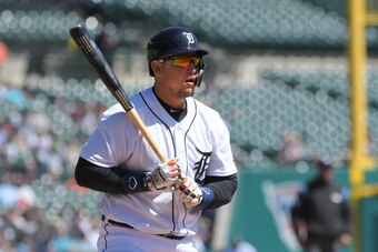 DETROIT, MI - APRIL 20:  Miguel Cabrera #24 of the Detroit Tigers looks on while batting during game one of a doubleheader against the Kansas City Royals at Comerica Park on April 20, 2018 in Detroit, Michigan. The Tigers defeated the Royals 3-2.  (Photo 
