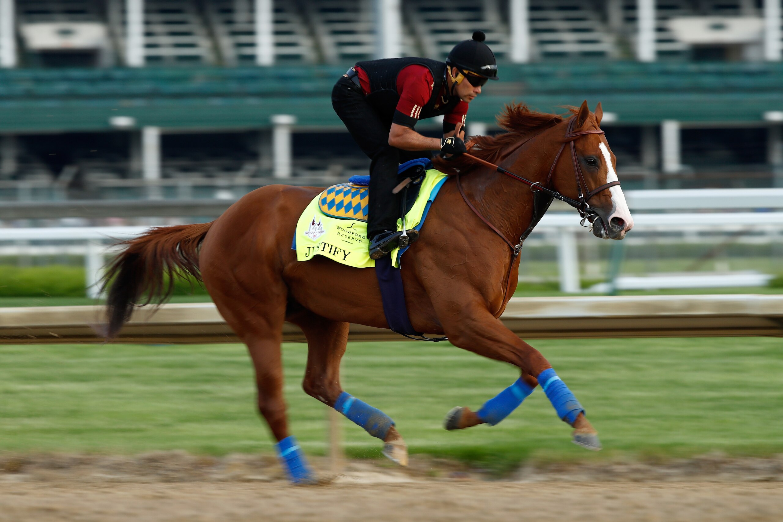 LOUISVILLE, KY - MAY 02: Justify runs on the track during the morning training for the Kentucky Derby at Churchill Downs on May 2, 2018 in Louisville, Kentucky. (Photo by Andy Lyons/Getty Images) LOUISVILLE, KY - MAY 02: Justify runs on the track during the morning training for the Kentucky Derby at Churchill Downs on May 2, 2018 in Louisville, Kentucky. (Photo by Andy Lyons/Getty Images)