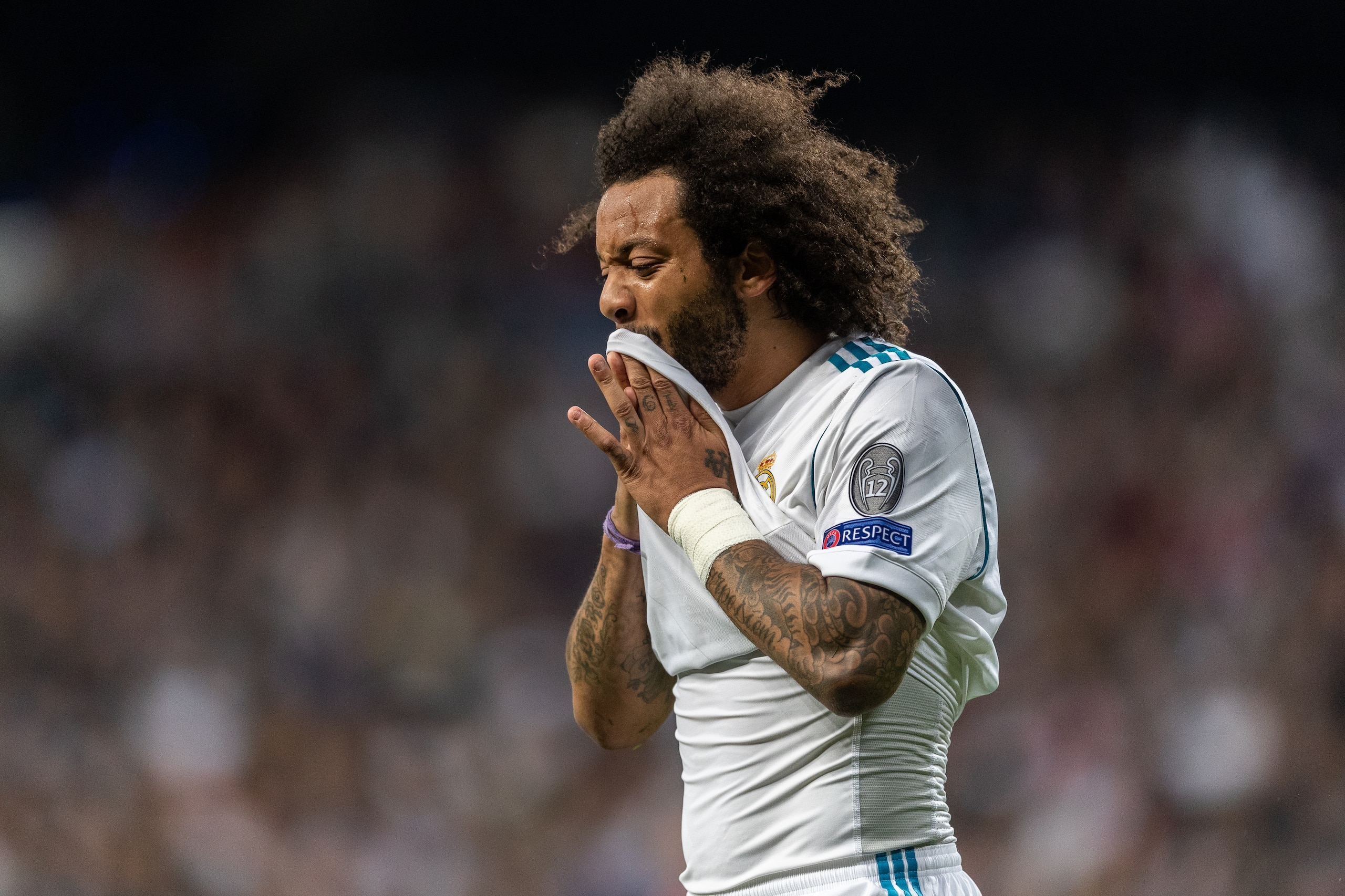 MADRID, SPAIN - MAY 01: Marcelo of Real Madrid reacts during the UEFA Champions League Semi Final Second Leg match between Real Madrid and Bayern Muenchen at the Bernabeu on May 1, 2018 in Madrid, Spain. (Photo by Boris Streubel/Getty Images)