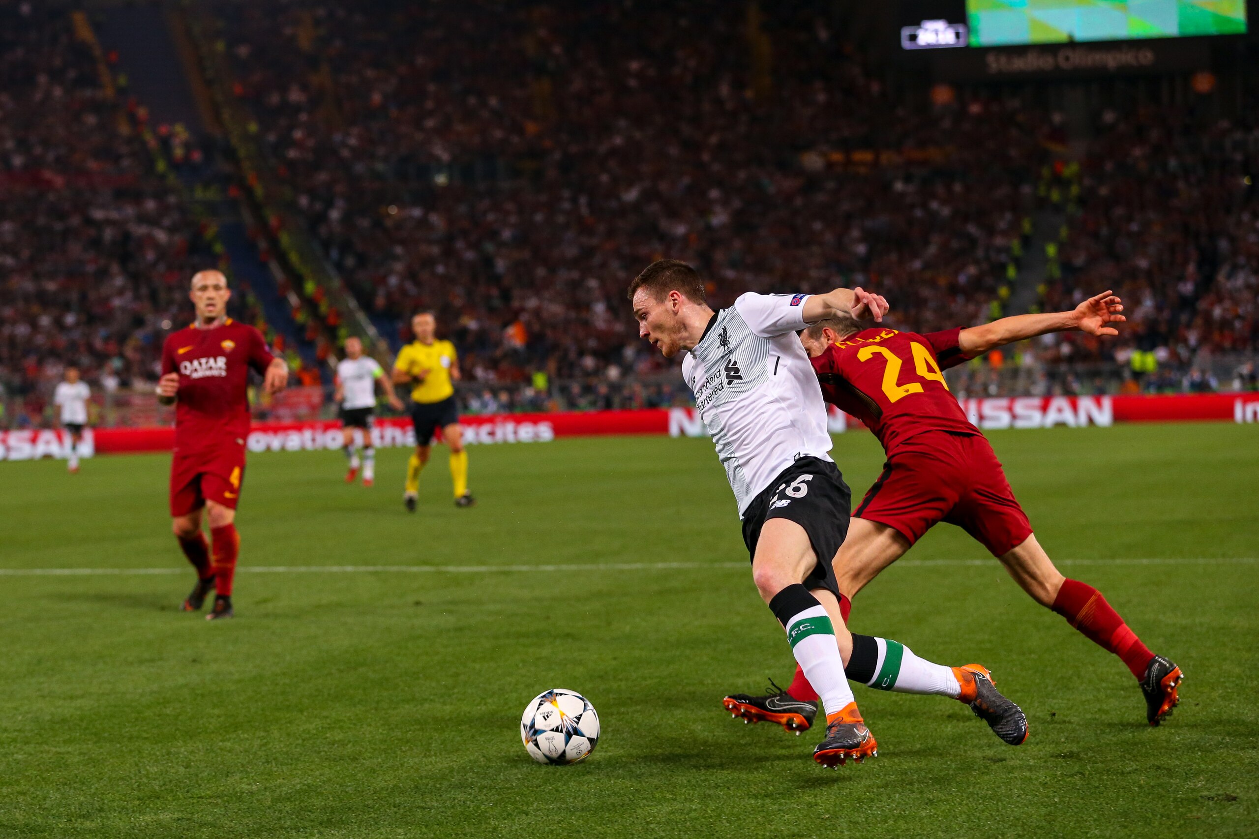 ROME, ITALY - MAY 02: Andrew Robertson of Liverpool and Alessandro Florenzi of AS Roma during the UEFA Champions League Semi Final Second Leg match between A.S. Roma and Liverpool at Stadio Olimpico on May 2, 2018 in Rome, Italy. (Photo by Robbie Jay Barr