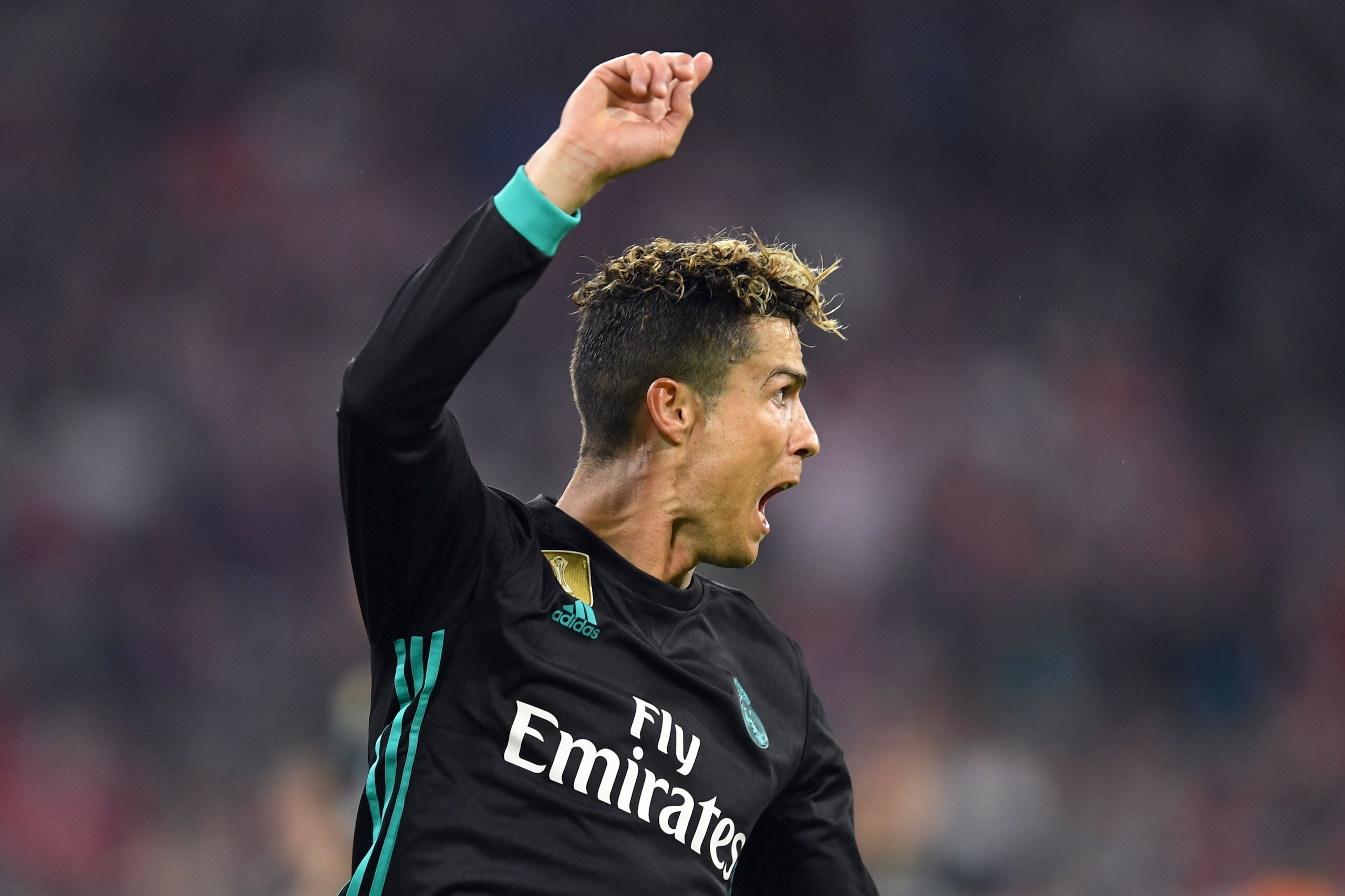 Real Madrid's Portuguese forward Cristiano Ronaldo reacts after his goal was disallowed during the UEFA Champions League semi-final first-leg football match FC Bayern Munich v Real Madrid CF in Munich in southern Germany on April 25, 2018. (Photo by Chris
