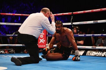 LONDON, ENGLAND - MARCH 04:  David Haye is given a count during his Heavyweight contest against Tony Bellew at The O2 Arena on March 4, 2017 in London, England.  (Photo by Dan Mullan/Getty Images)