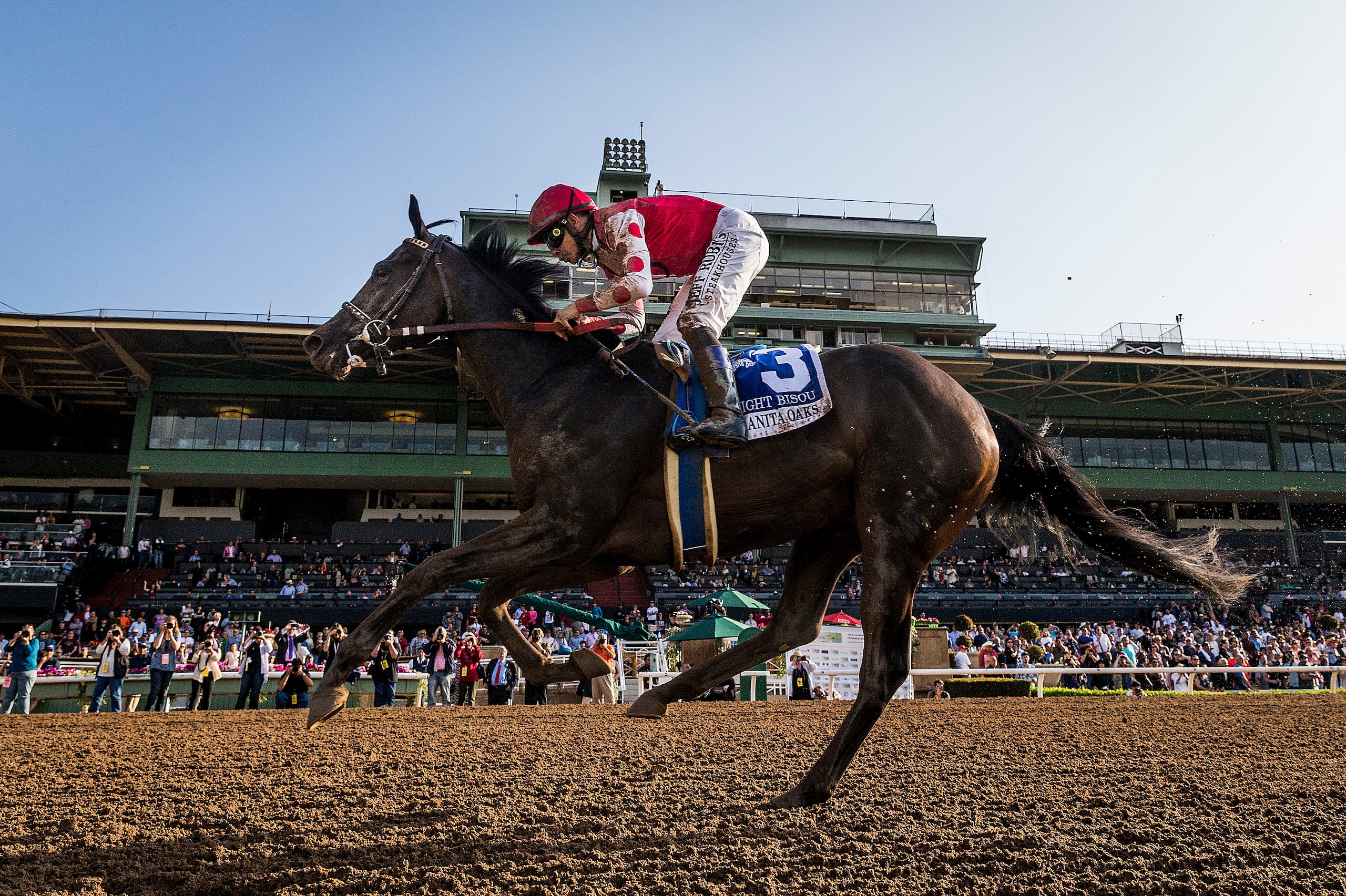 ARCADIA, CA - APRIL 07: Midnight Bisou #3 with Mike Smith Wins the Santa Anita Oaks on Santa Anita Derby Day at Santa Anita Park on April 07, 2018 in Arcadia, California.(Photo by Alex Evers/Eclipse Sportswire/Getty Images) ARCADIA, CA - APRIL 07: Midnight Bisou #3 with Mike Smith Wins the Santa Anita Oaks on Santa Anita Derby Day at Santa Anita Park on April 07, 2018 in Arcadia, California.(Photo by Alex Evers/Eclipse Sportswire/Getty Images)