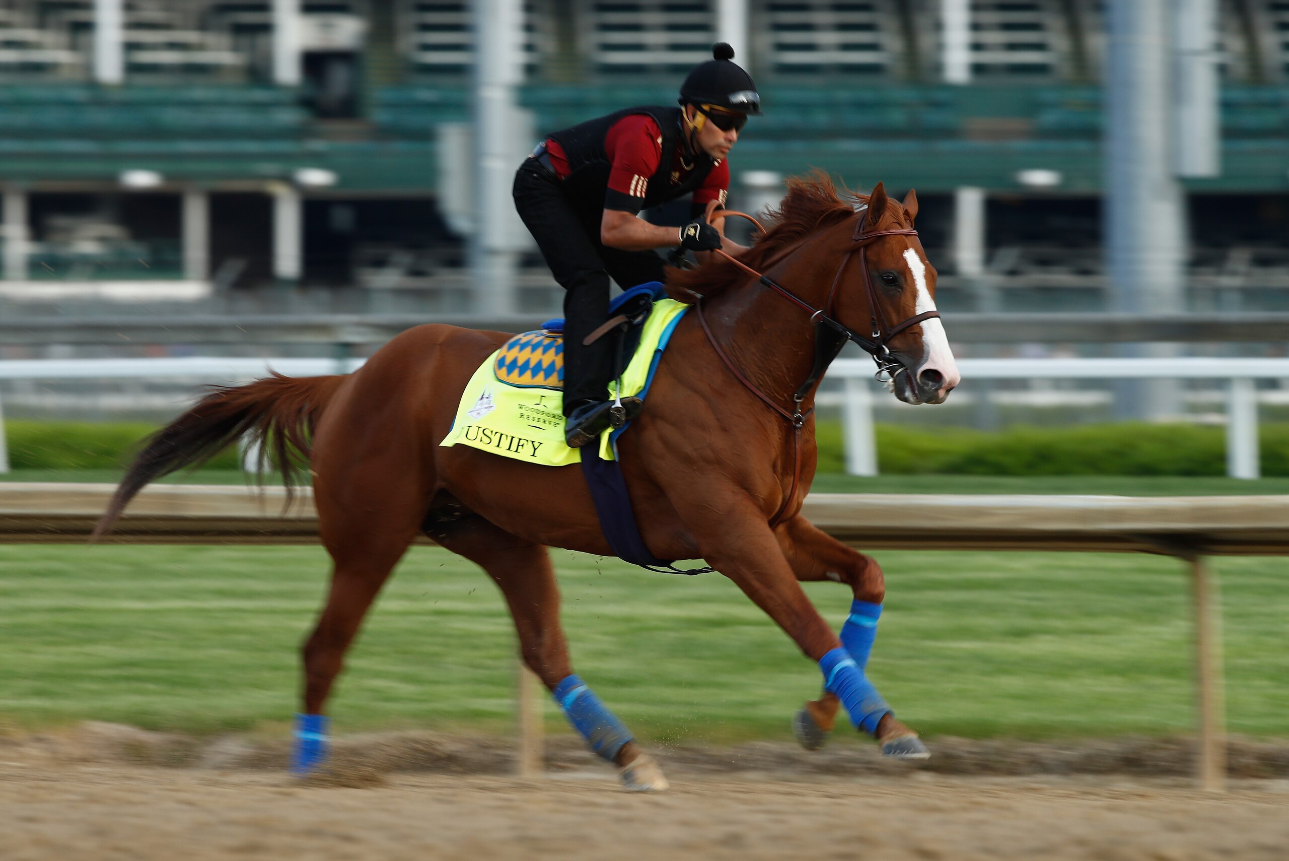 LOUISVILLE, KY - MAY 02: Justify runs on the track during the morning training for the Kentucky Derby at Churchill Downs on May 2, 2018 in Louisville, Kentucky. (Photo by Andy Lyons/Getty Images) LOUISVILLE, KY - MAY 02: Justify runs on the track during the morning training for the Kentucky Derby at Churchill Downs on May 2, 2018 in Louisville, Kentucky. (Photo by Andy Lyons/Getty Images)