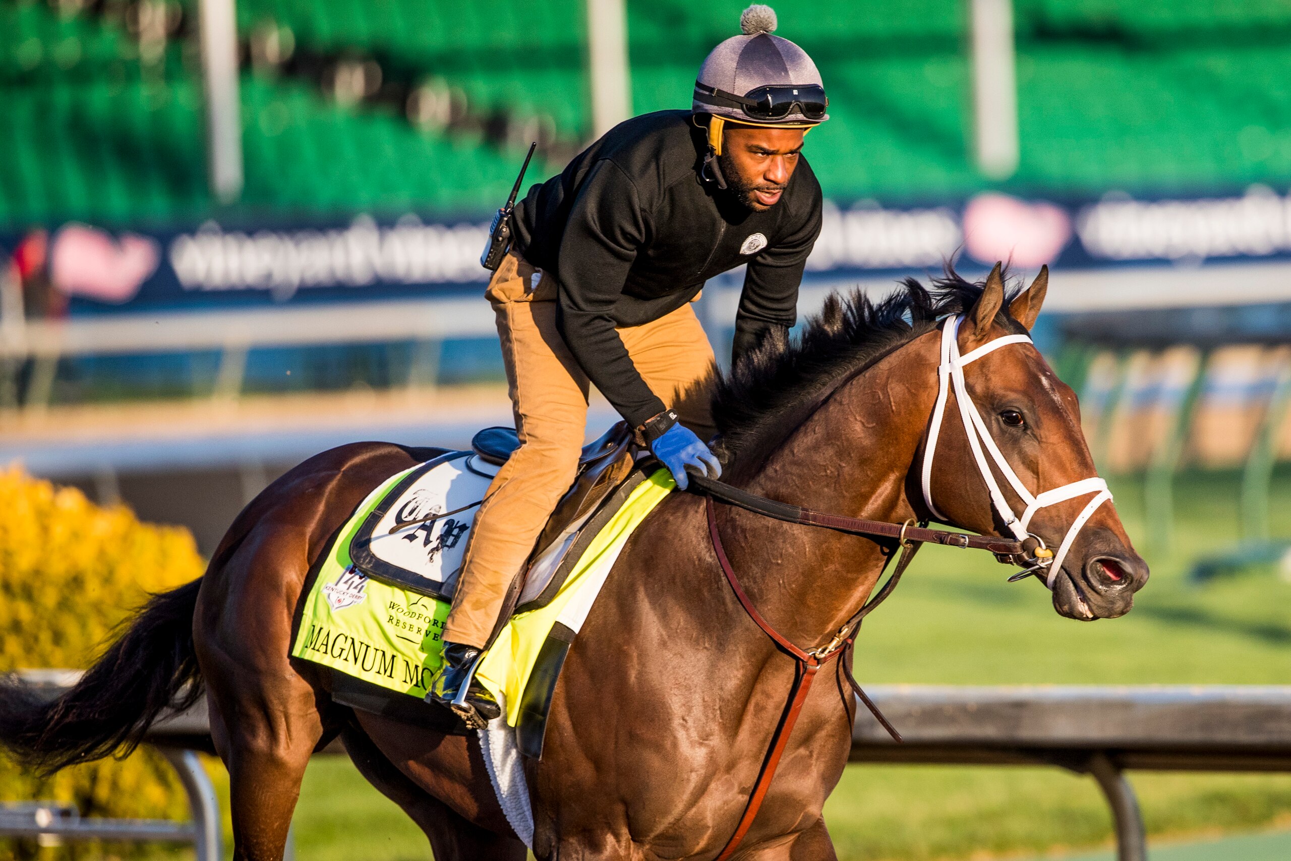 LOUISVILLE, KY - MAY 01: Magnum Moon with Nick Bush up gallops in preparation for the Kentucky Derby at Churchill Downs on May 1, 2018 in Louisville, Kentucky. (Photo by Alex Evers/Eclipse Sportswire/Getty Images) LOUISVILLE, KY - MAY 01: Magnum Moon with Nick Bush up gallops in preparation for the Kentucky Derby at Churchill Downs on May 1, 2018 in Louisville, Kentucky. (Photo by Alex Evers/Eclipse Sportswire/Getty Images)
