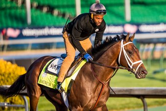 LOUISVILLE, KY - MAY 01: Magnum Moon with Nick Bush up gallops in preparation for the Kentucky Derby at Churchill Downs on May 1, 2018 in Louisville, Kentucky. (Photo by Alex Evers/Eclipse Sportswire/Getty Images)