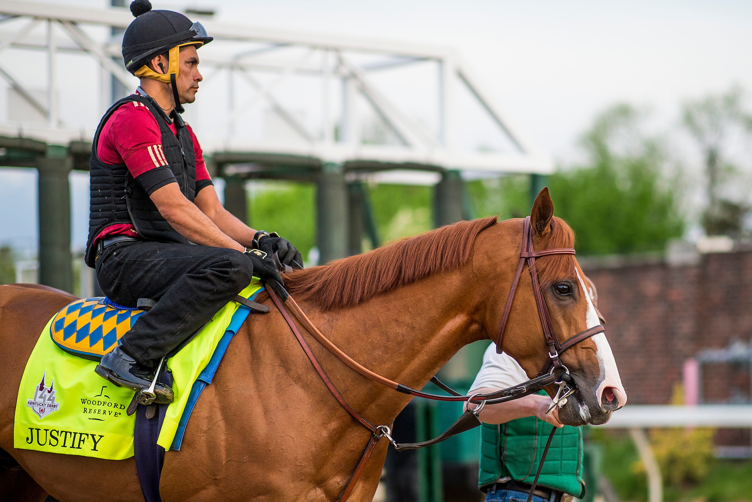 LOUISVILLE, KY - MAY 02: Justify with Humberto Gomez up schools at the gate at Churchill Downs on May 2, 2018 in Louisville, Kentucky. (Photo by Alex Evers/Eclipse Sportswire/Getty Images)