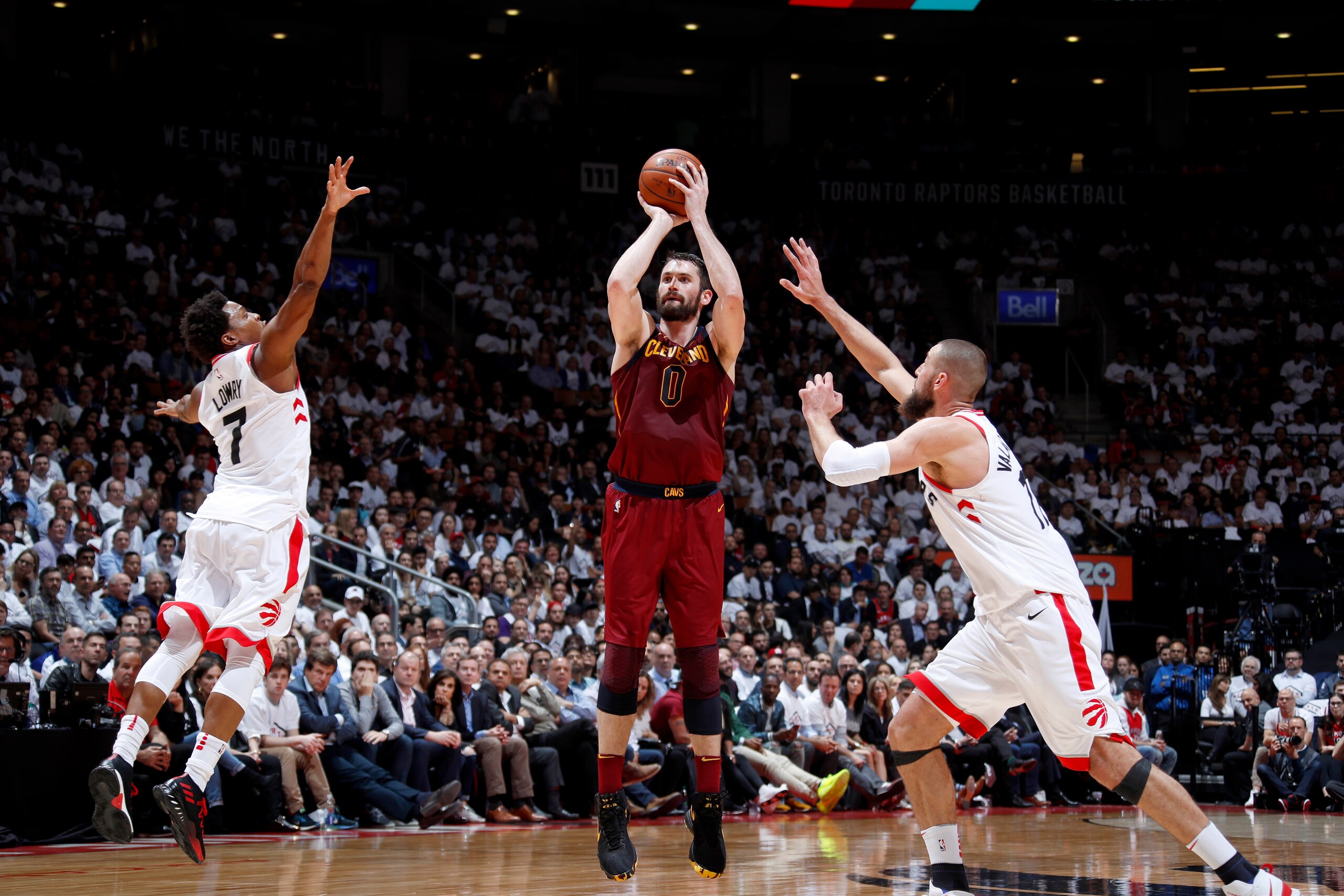 TORONTO, CANADA - MAY 3: Kevin Love #0 of the Cleveland Cavaliers shoots the ball against the Toronto Raptors in Game Two of the Eastern Conference Semifinals during the 2018 NBA Playoffs on May 3, 2018 at the Air Canada Centre in Toronto, Ontario, Canada TORONTO, CANADA - MAY 3: Kevin Love #0 of the Cleveland Cavaliers shoots the ball against the Toronto Raptors in Game Two of the Eastern Conference Semifinals during the 2018 NBA Playoffs on May 3, 2018 at the Air Canada Centre in Toronto, Ontario, Canada