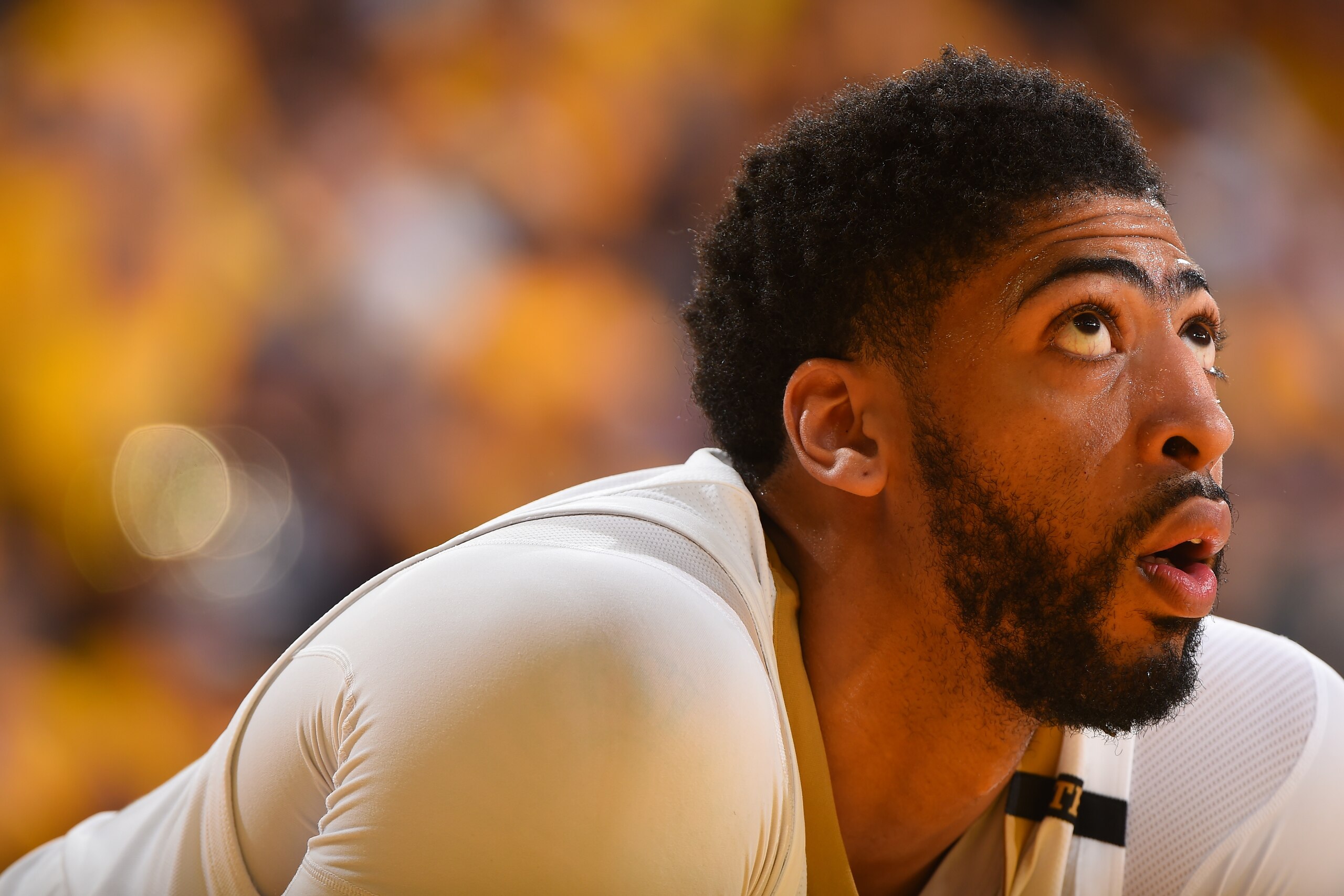 OAKLAND, CA - May 1: Anthony Davis #23 of the New Orleans Pelicans looks on during the game against the Golden State Warriors in Game Two of Round Two of the 2018 NBA Playoffs on May 1, 2018 at ORACLE Arena in Oakland, California. NOTE TO USER: User expre