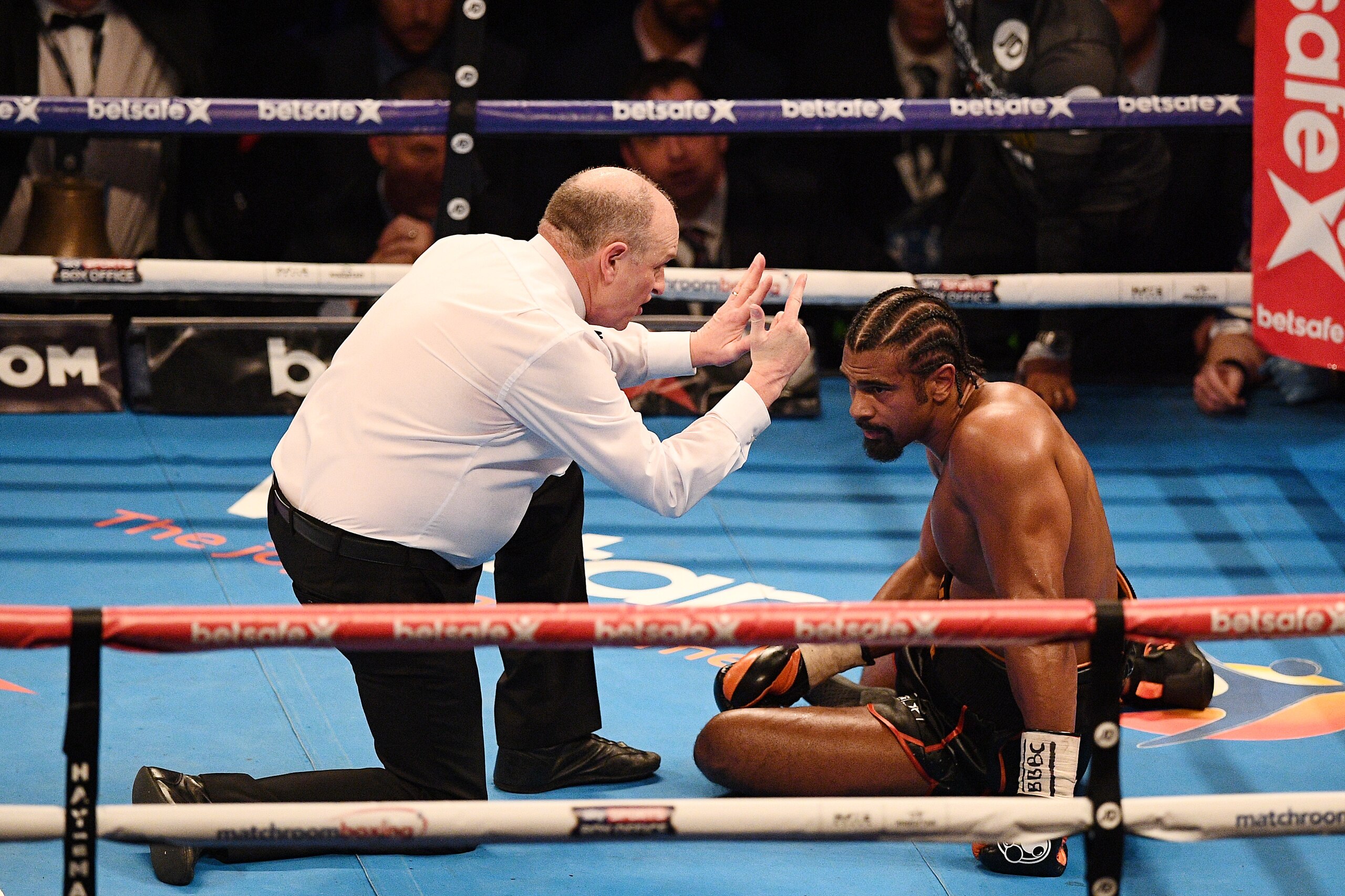 The referee counts over British boxer David Haye after he was knocked to the canvas by compatriot Tony Bellew during their heavyweight boxing match at the O2 arena in London on March 4, 2017.
Tony Bellew stunned bitter rival David Haye to win their eagerl
