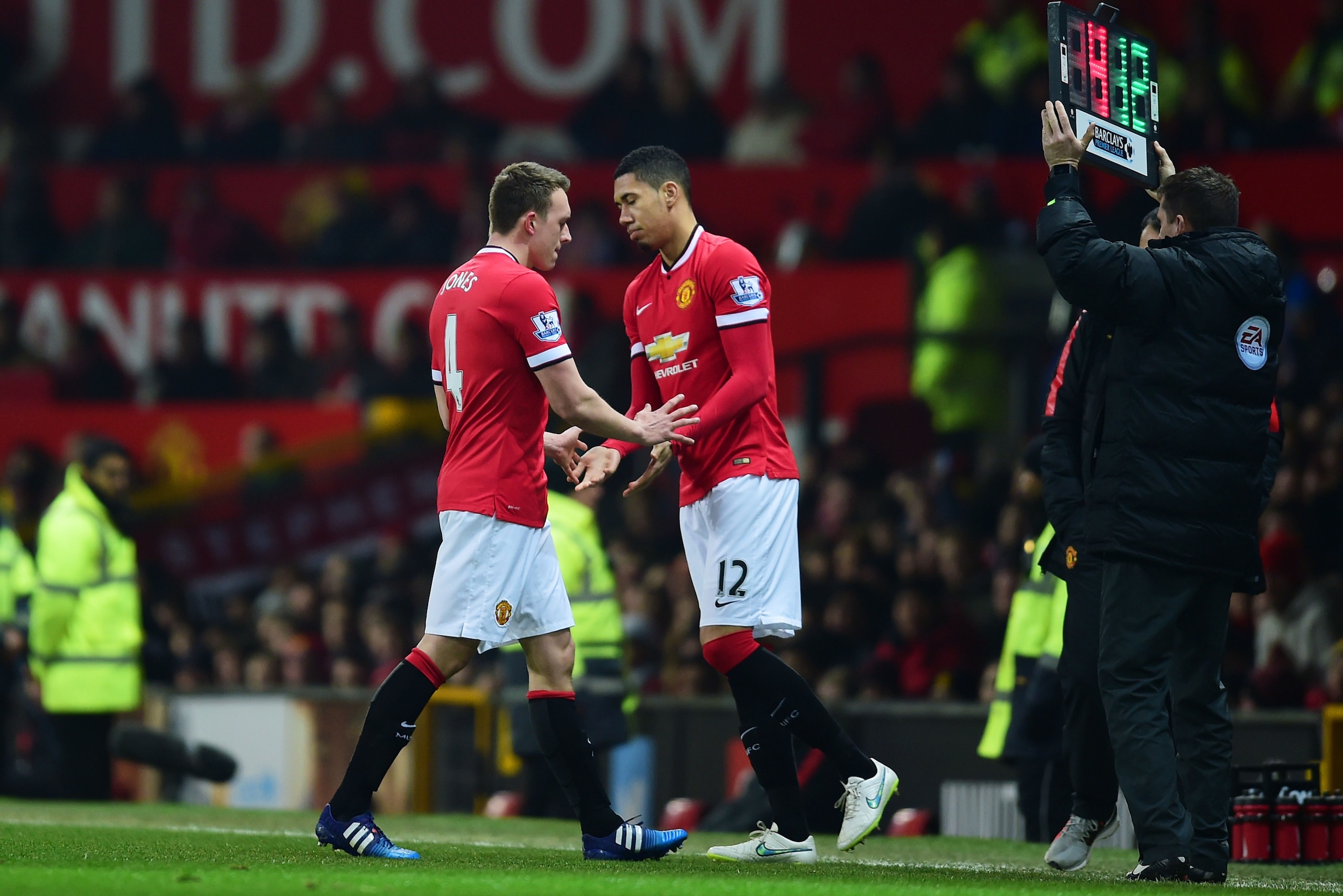 MANCHESTER, ENGLAND - FEBRUARY 11: Chris Smalling of Manchester United comes on for Phil Jones of Manchester United during the Barclays Premier League match between Manchester United and Burnley at Old Trafford on February 11, 2015 in Manchester, England. MANCHESTER, ENGLAND - FEBRUARY 11: Chris Smalling of Manchester United comes on for Phil Jones of Manchester United during the Barclays Premier League match between Manchester United and Burnley at Old Trafford on February 11, 2015 in Manchester, England.