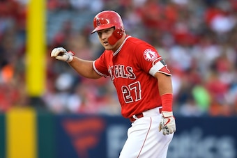 ANAHEIM, CA - APRIL 21:Center fielder Mike Trout #27 of the Los Angeles Angels of Anaheim reaches second base on a double in the first inning against the San Francisco Giants at Angel Stadium on April 21, 2018 in Anaheim, California. The Angels won 4-3. (