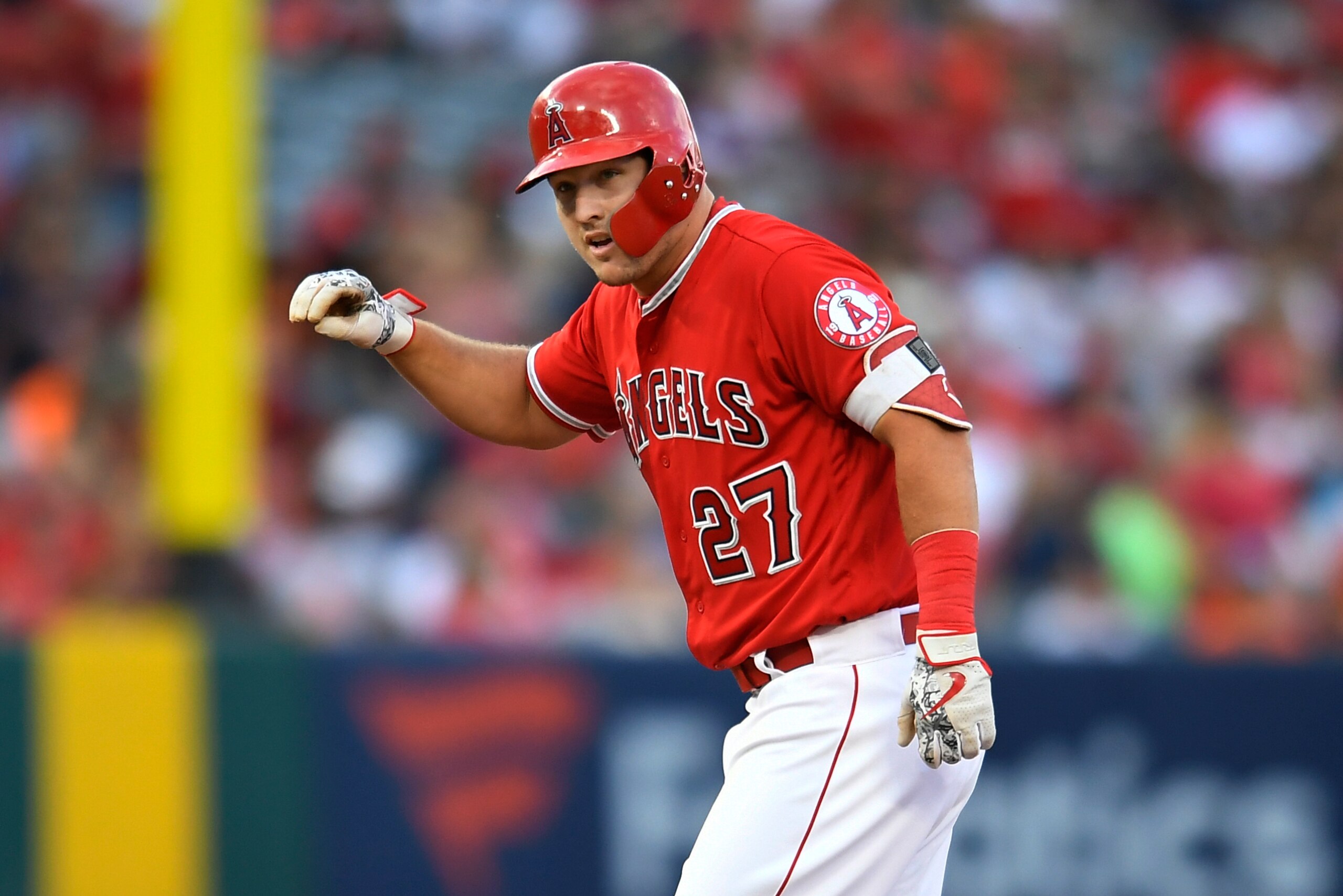 ANAHEIM, CA - APRIL 21:Center fielder Mike Trout #27 of the Los Angeles Angels of Anaheim reaches second base on a double in the first inning against the San Francisco Giants at Angel Stadium on April 21, 2018 in Anaheim, California. The Angels won 4-3. ( ANAHEIM, CA - APRIL 21:Center fielder Mike Trout #27 of the Los Angeles Angels of Anaheim reaches second base on a double in the first inning against the San Francisco Giants at Angel Stadium on April 21, 2018 in Anaheim, California. The Angels won 4-3. (