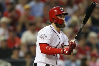 WASHINGTON, DC - MAY 02: Bryce Harper #34 of the Washington Nationals in action against the Pittsburgh Pirates at Nationals Park on May 2, 2018 in Washington, DC. (Photo by Patrick Smith/Getty Images)