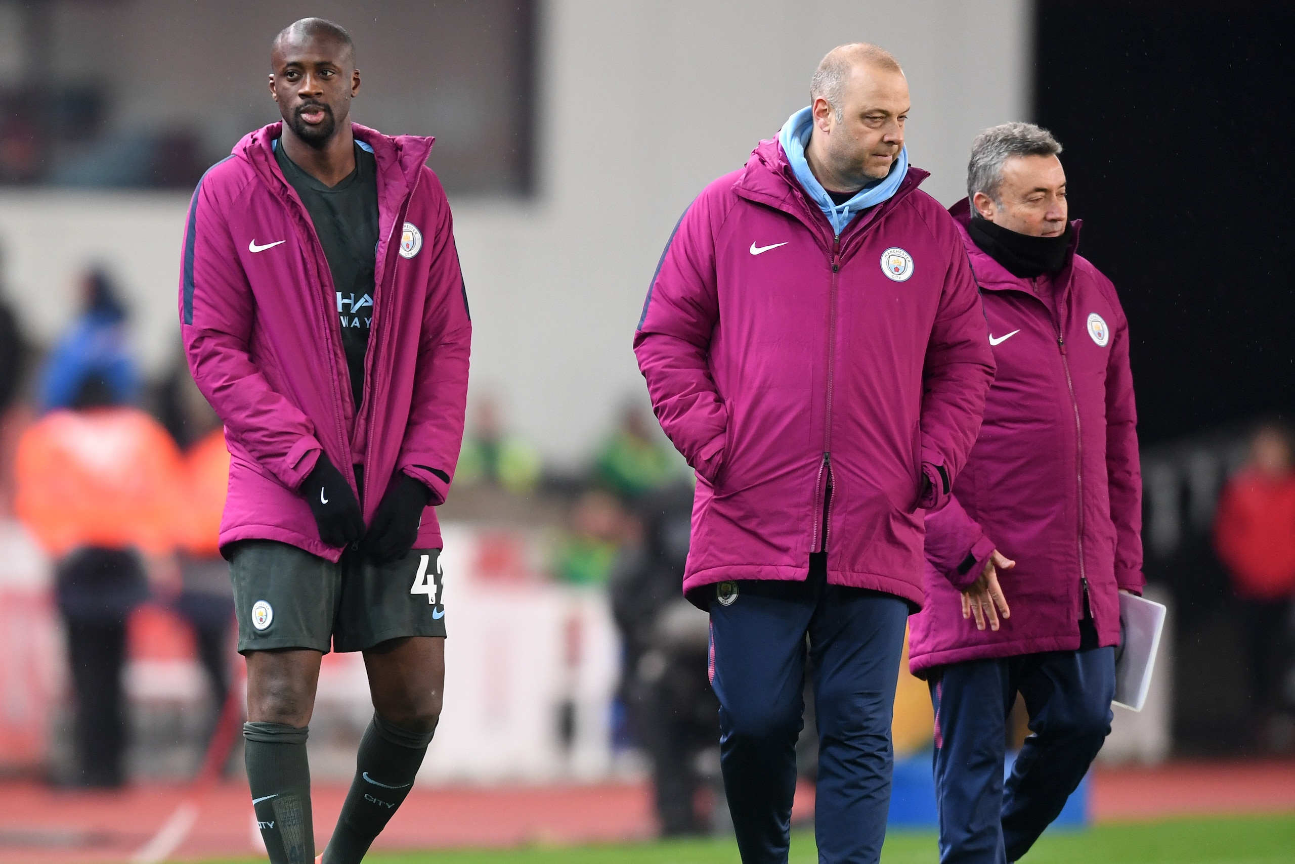 STOKE ON TRENT, ENGLAND - MARCH 12:  Yaya Toure of Manchester City (L) looks on after the Premier League match between Stoke City and Manchester City at Bet365 Stadium on March 12, 2018 in Stoke on Trent, England.  (Photo by Michael Regan/Getty Images)