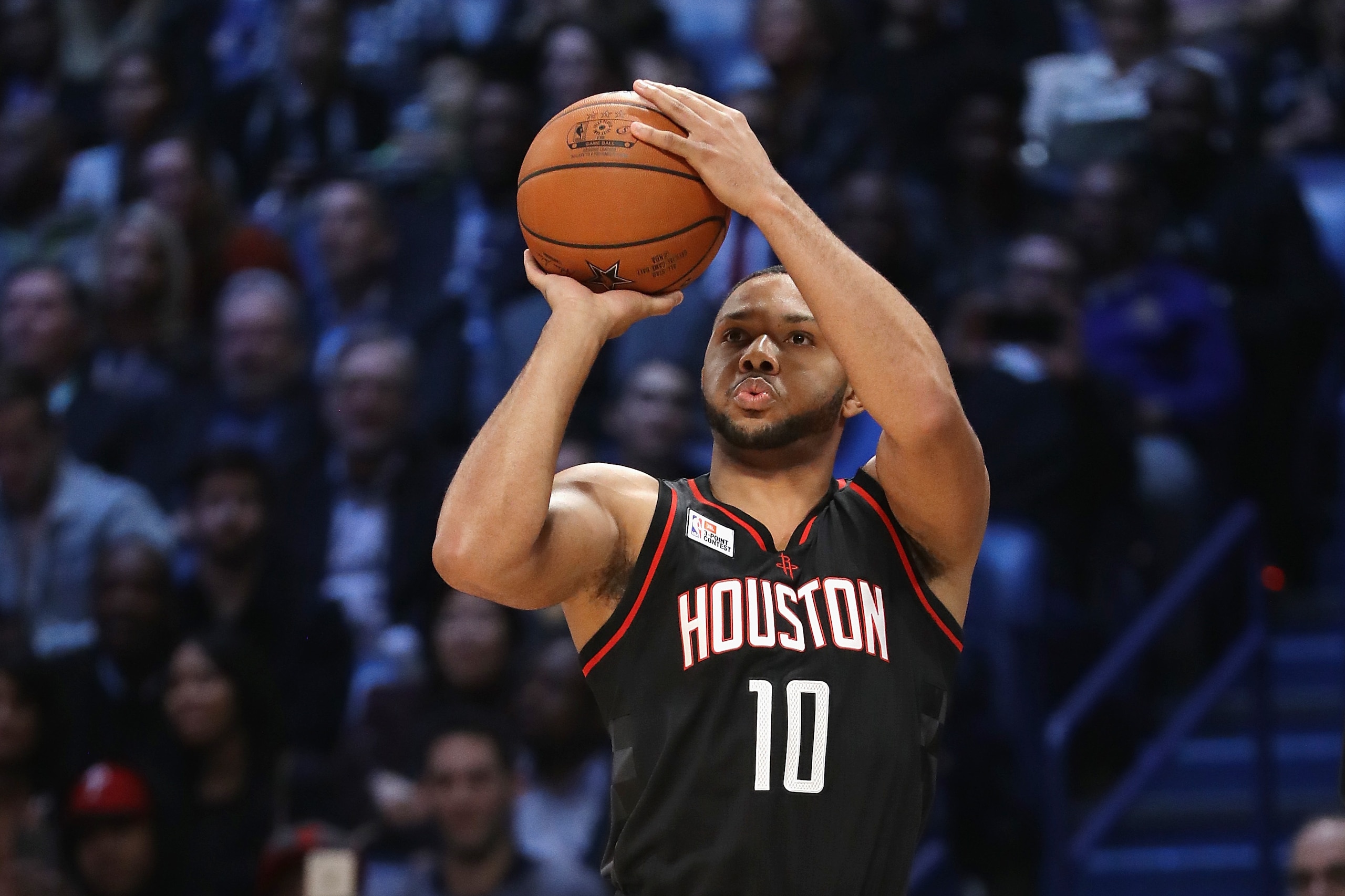 NEW ORLEANS, LA - FEBRUARY 18:  Eric Gordon #10 of the Houston Rockets competes in the 2017 JBL Three-Point Contest at Smoothie King Center on February 18, 2017 in New Orleans, Louisiana. NOTE TO USER: User expressly acknowledges and agrees that, by downl