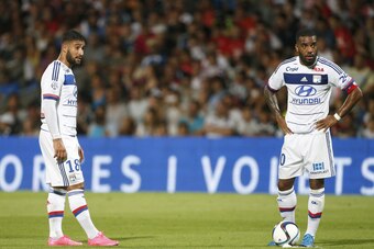 LYON, FRANCE - AUGUST 9: Nabil Fekir of Lyon and Alexandre Lacazette of Lyon in action during the French Ligue 1 match between Olympique Lyonnais (OL) and FC Lorient at Stade de Gerland on August 9, 2015 in Lyon, France. (Photo by Jean Catuffe/Getty Image
