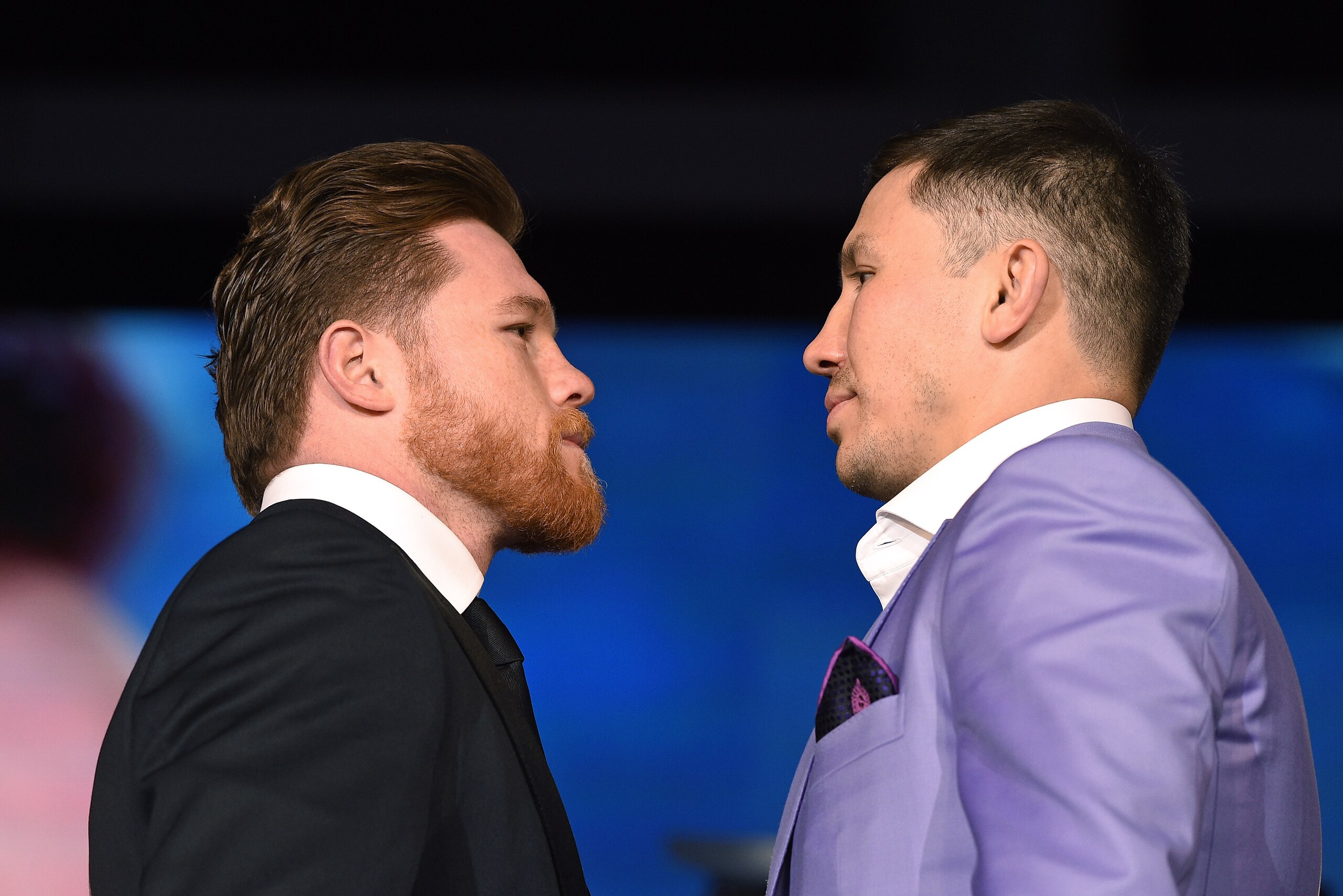 LOS ANGELES, CA - FEBRUARY 27: Boxers Canelo Alvarez (L) and Gennady Golovkin face off during a news conference at Microsoft Theater at L.A. Live to announce their upcoming rematch on February 27, 2018 in Los Angeles, California. (Photo by Kevork Djansezi