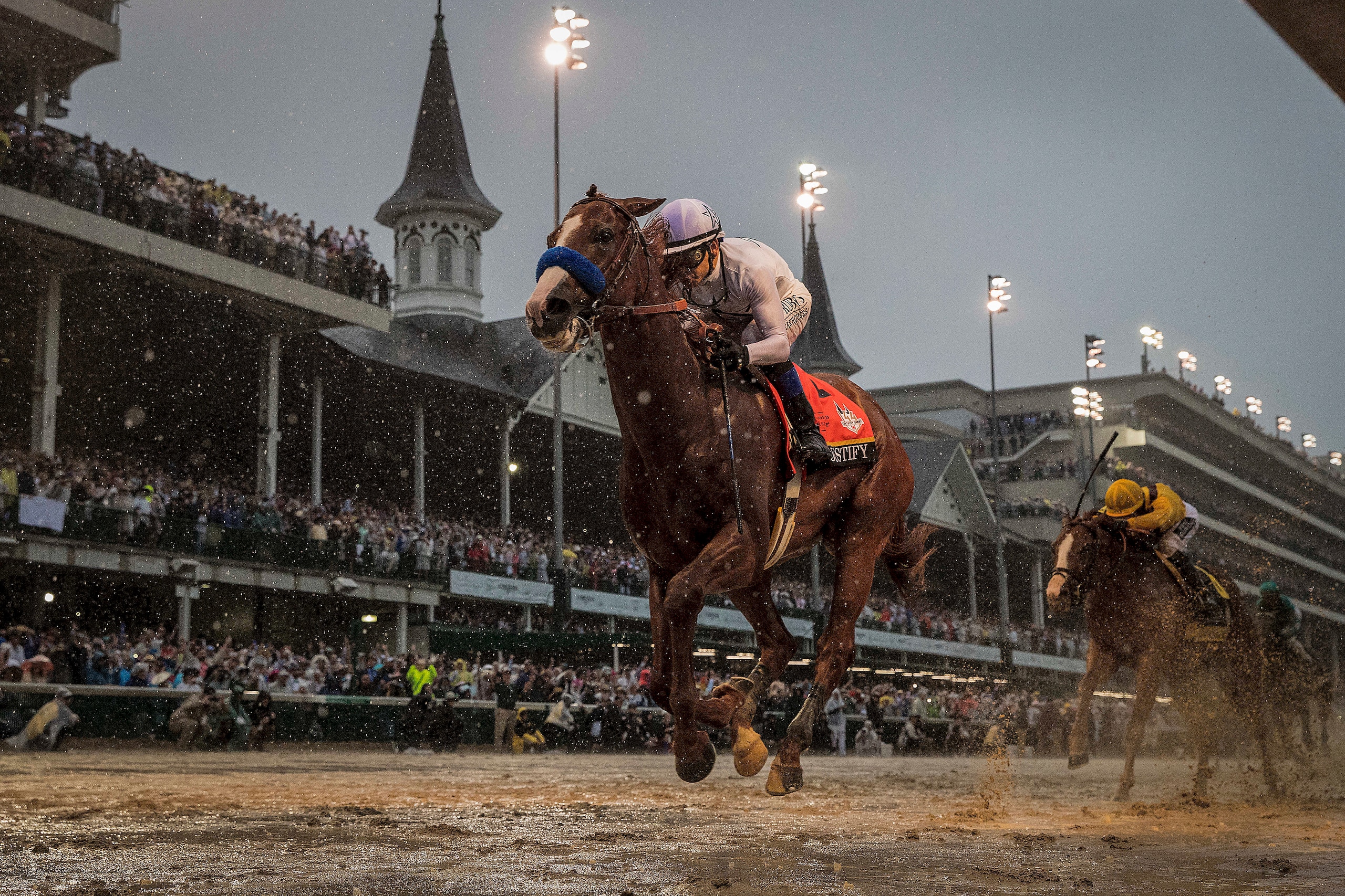 LOUISVILLE, KY - MAY 05: Justify #7 with Mike Smith up wins the 144th Kentucky Derby at Churchill Downs on May 5, 2018 in Louisville, Kentucky. (Photo by Alex Evers/Eclipse Sportswire/Getty Images)