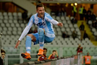 TURIN, TORINO - APRIL 29:  Sergej Milinkovic Savic of SS Lazio celebrate a opening goal during the serie A match between Torino FC and SS Lazio at Stadio Olimpico di Torino on April 29, 2018 in Turin, Italy.  (Photo by Marco Rosi/Getty Images)