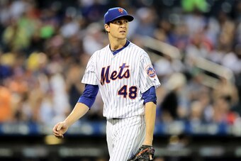NEW YORK, NY - MAY 02:  Jacob deGrom #48 of the New York Mets walks off the field after the fourth inning against the Atlanta Braves on May 2, 2018 at Citi Field in the Flushing neighborhood of the Queens borough of New York City.  (Photo by Elsa/Getty Im