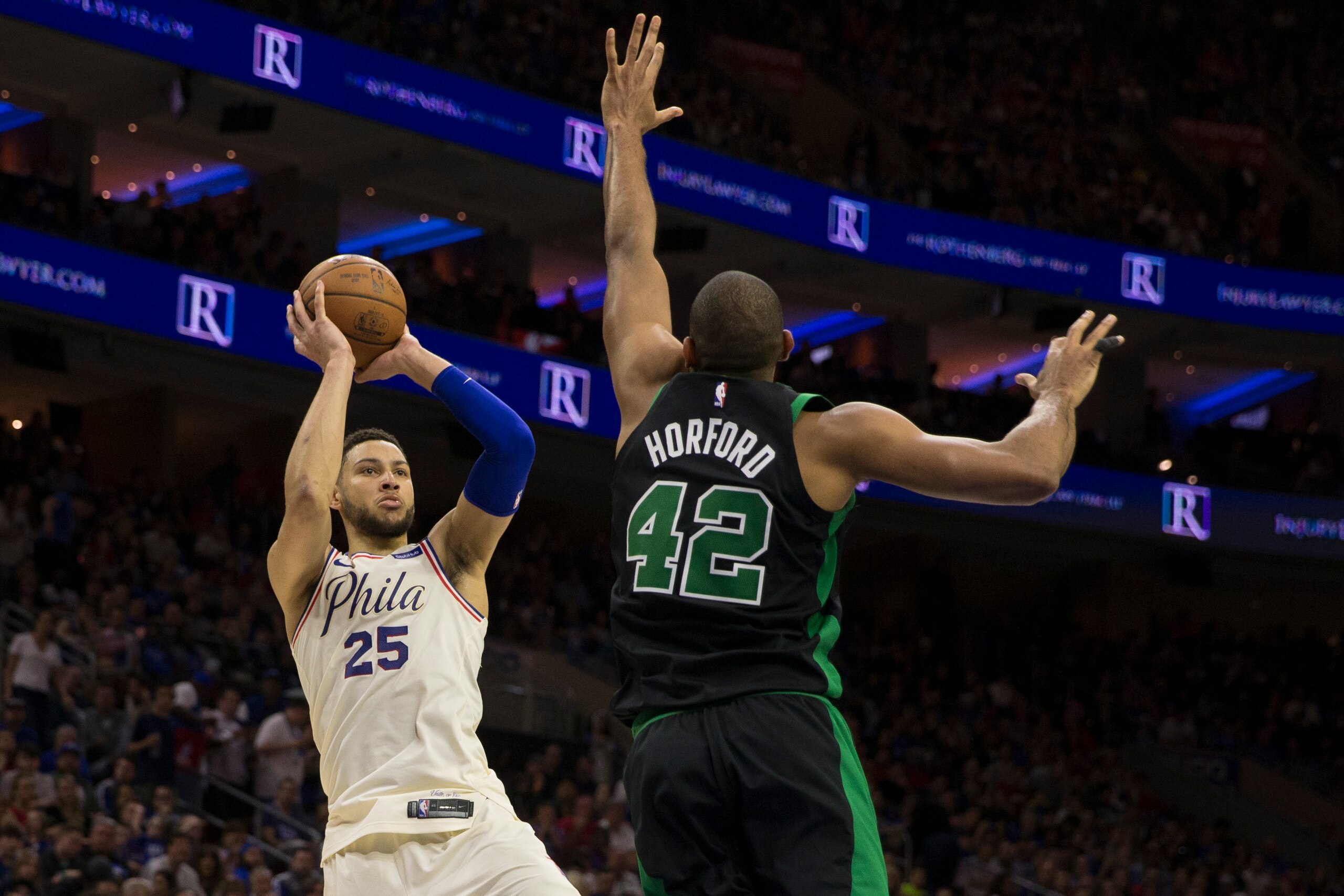 PHILADELPHIA, PA - MAY 5: Ben Simmons #25 of the Philadelphia 76ers shoots the ball against Al Horford #42 of the Boston Celtics during Game Three of the Eastern Conference Second Round of the 2018 NBA Playoff at Wells Fargo Center on May 5, 2018 in Phila