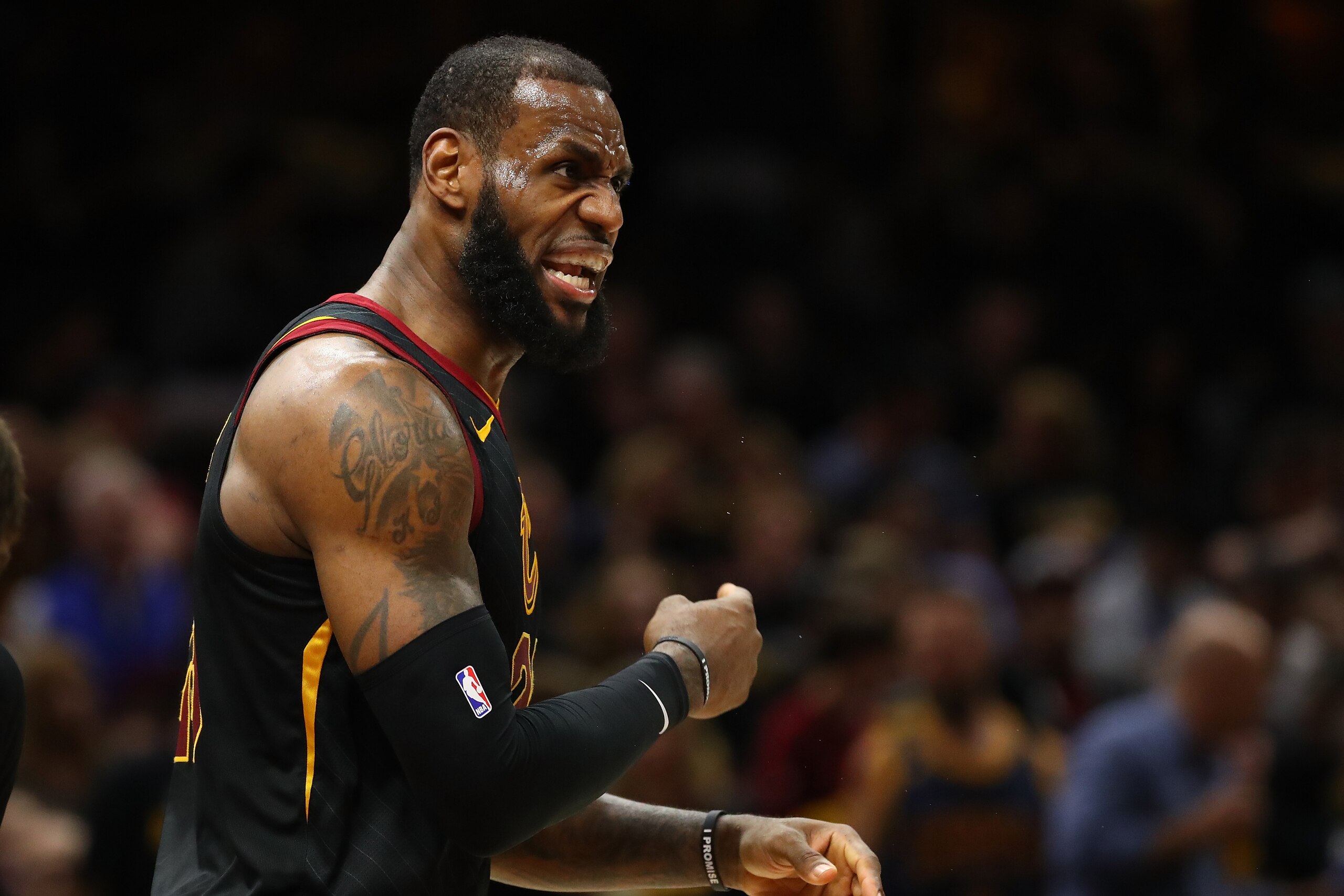CLEVELAND, OH - MAY 05:  LeBron James #23 of the Cleveland Cavaliers reacts in the first half while playing the Toronto Raptors in Game Three of the Eastern Conference Semifinals during the 2018 NBA Playoffs at Quicken Loans Arena on May 5, 2018 in Clevel