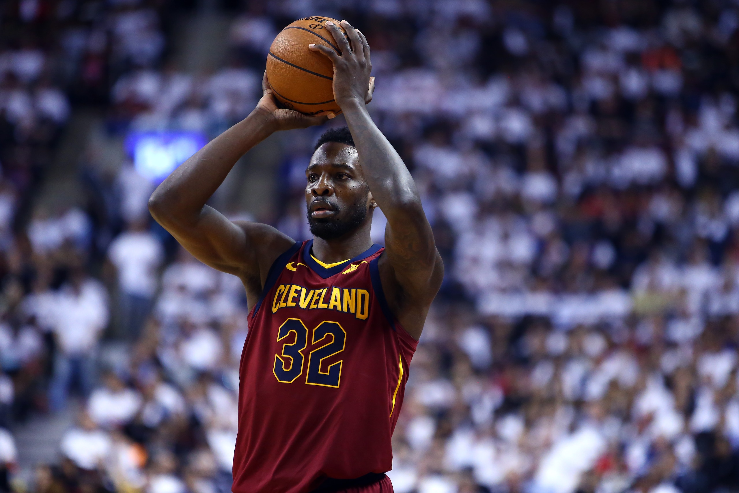 TORONTO, ON - MAY 03:  Jeff Green #32 of the Cleveland Cavaliers passes the ball in the second half of Game Two of the Eastern Conference Semifinals against the Toronto Raptors during the 2018 NBA Playoffs at Air Canada Centre on May 3, 2018 in Toronto, C