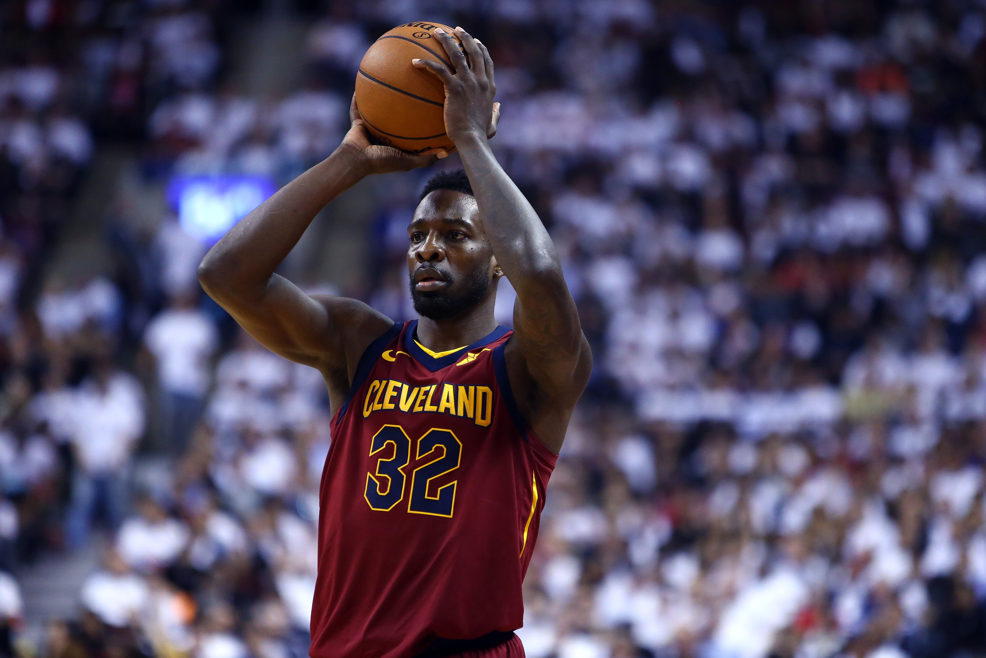 TORONTO, ON - MAY 03:  Jeff Green #32 of the Cleveland Cavaliers passes the ball in the second half of Game Two of the Eastern Conference Semifinals against the Toronto Raptors during the 2018 NBA Playoffs at Air Canada Centre on May 3, 2018 in Toronto, C