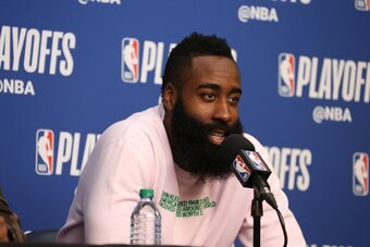 SALT LAKE CITY, UT - MAY 6:  James Harden #13 of the Houston Rockets speaks with media after the game against the Utah Jazz during Game Four of the Western Conference Semifinals of the 2018 NBA Playoffs on May 6, 2018 at the Vivint Smart Home Arena in Sal