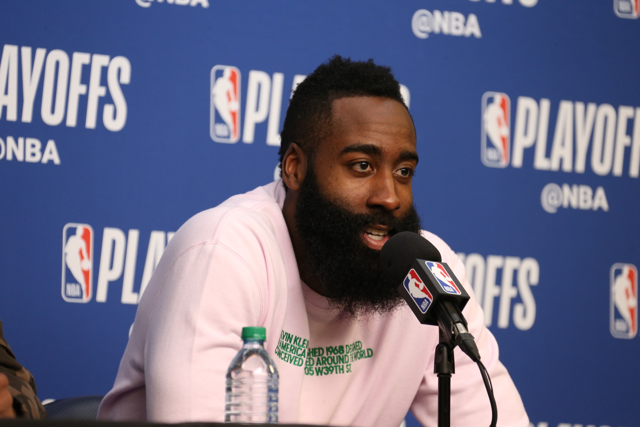 SALT LAKE CITY, UT - MAY 6:  James Harden #13 of the Houston Rockets speaks with media after the game against the Utah Jazz during Game Four of the Western Conference Semifinals of the 2018 NBA Playoffs on May 6, 2018 at the Vivint Smart Home Arena in Sal