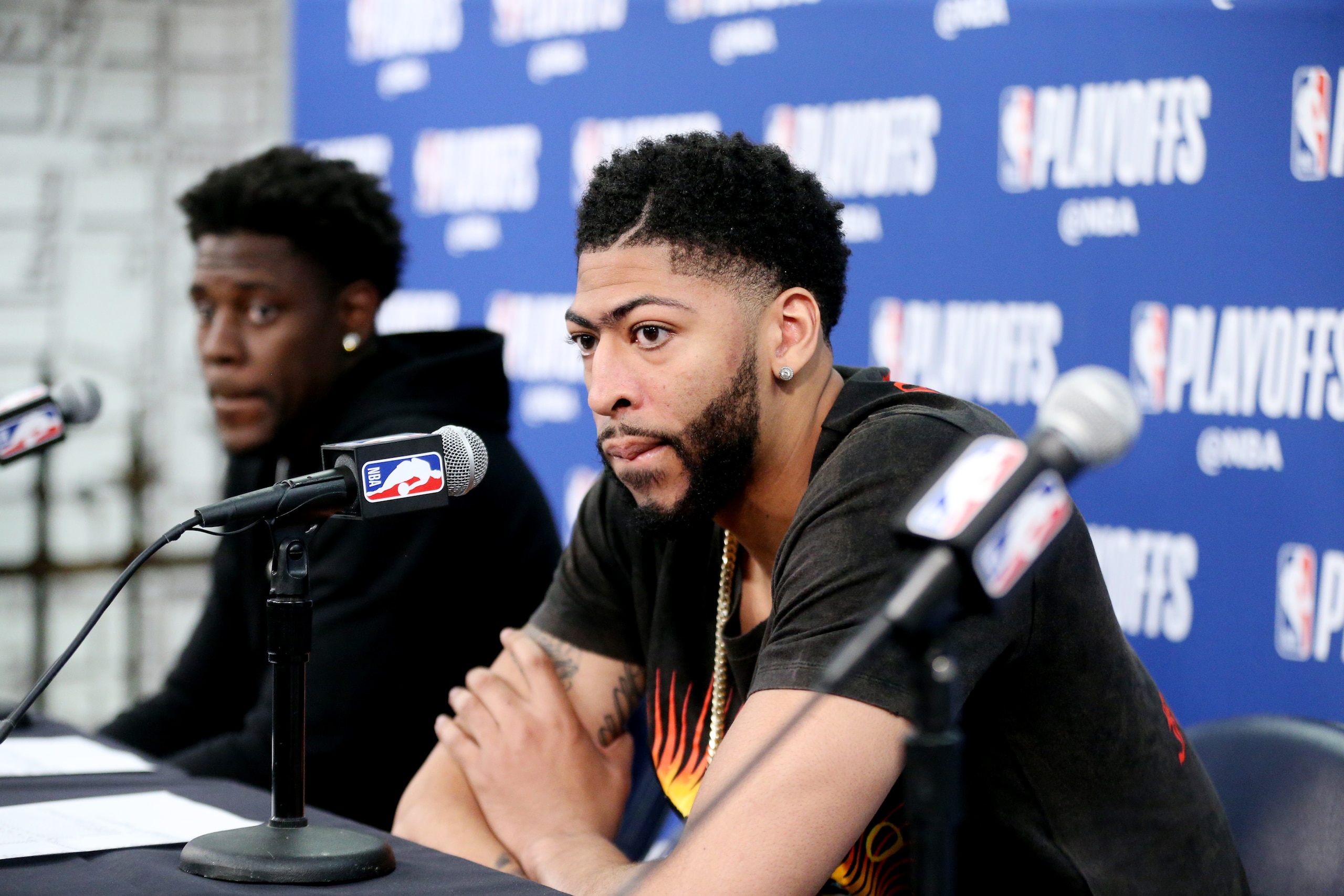 NEW ORLEANS, LA - MAY 4:  Anthony Davis #23 of the New Orleans Pelicans talks with the media following Game Three of the Western Conference Semi Finals of the 2018 NBA Playoffs against the Golden State Warriors on May 4, 2018 at the Smoothie King Center i