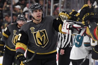 LAS VEGAS, NV - MAY 04:  David Perron #57 of the Vegas Golden Knights celebrates with teammates on the bench after he assisted James Neal #18 on a goal against the San Jose Sharks with three seconds left in the first period of Game Five of the Western Con