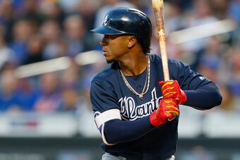 NEW YORK, NY - MAY 01:  (NEW YORK DAILIES OUT)   Ozzie Albies #1 of the Atlanta Braves in action against the New York Mets at Citi Field on May 1, 2018 in the Flushing neighborhood of the Queens borough of New York City. The Braves defeated the Mets 3-2. 