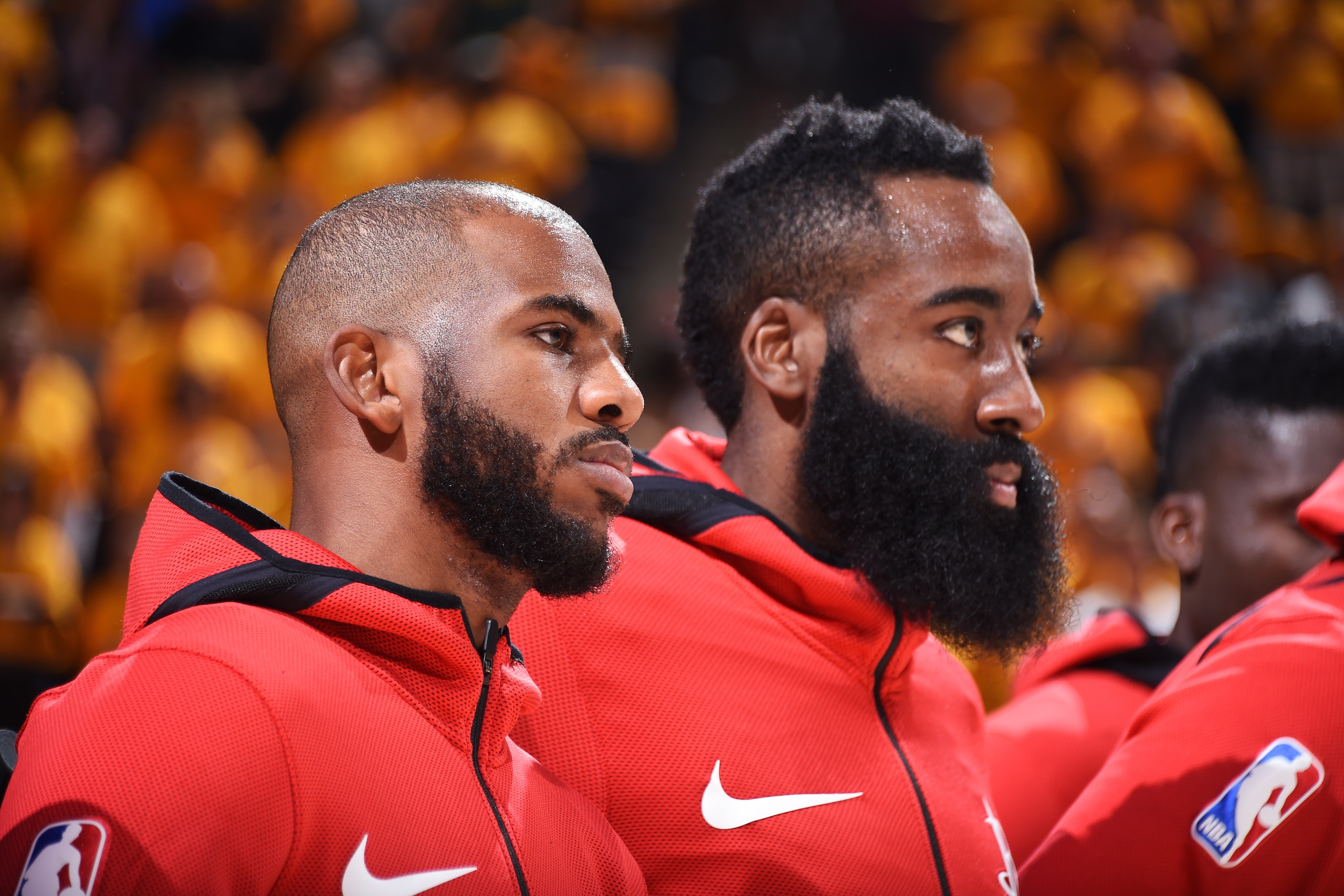 SALT LAKE CITY, UT - MAY 6:  Chris Paul #3 and James Harden #13 of the Houston Rockets look on during the national anthem before the game against the Utah Jazz during Game Four of the Western Conference Semifinals of the 2018 NBA Playoffs on May 6, 2018 a