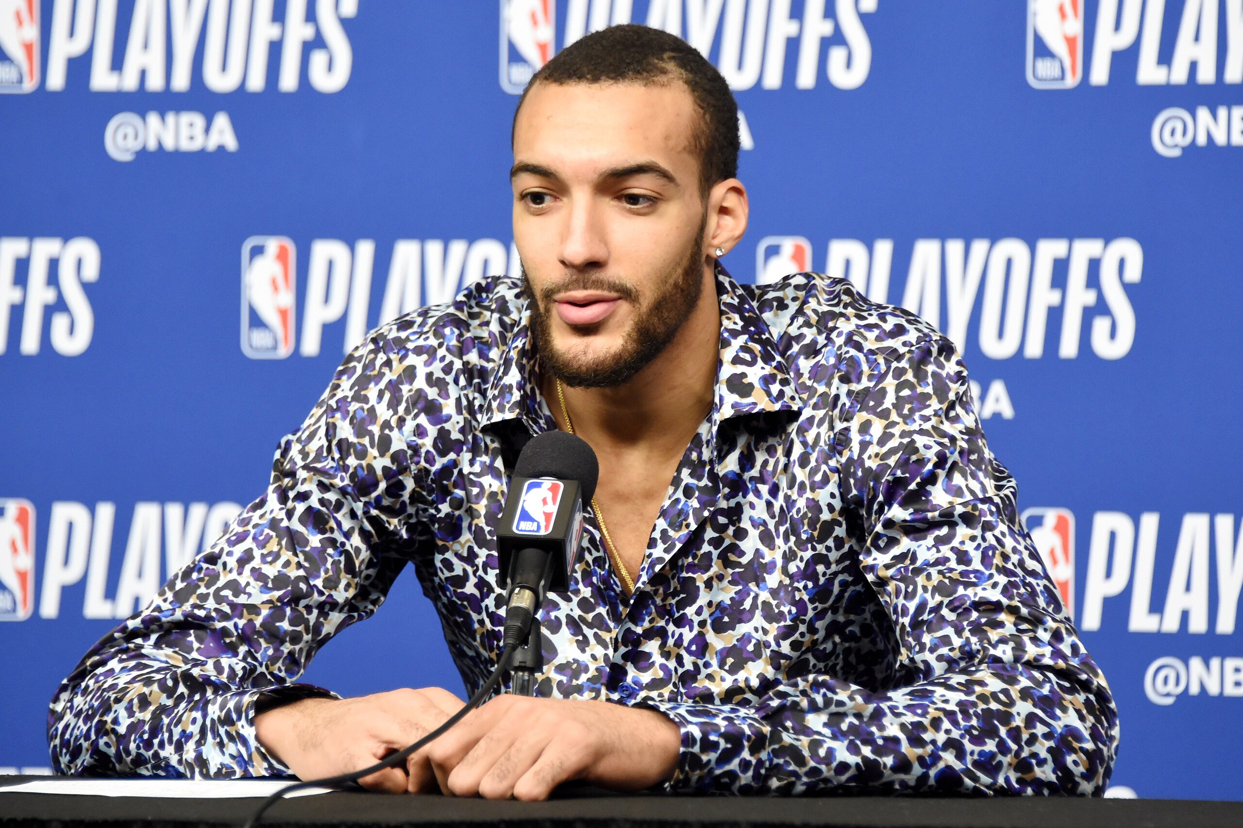 HOUSTON, TX - MAY 8: Rudy Gobert #27 of the Utah Jazz talks with media after the game against the Houston Rockets during Game Five of the Western Conference Semifinals of the 2018 NBA Playoffs on May 8, 2018 at the Toyota Center in Houston, Texas. NOTE TO