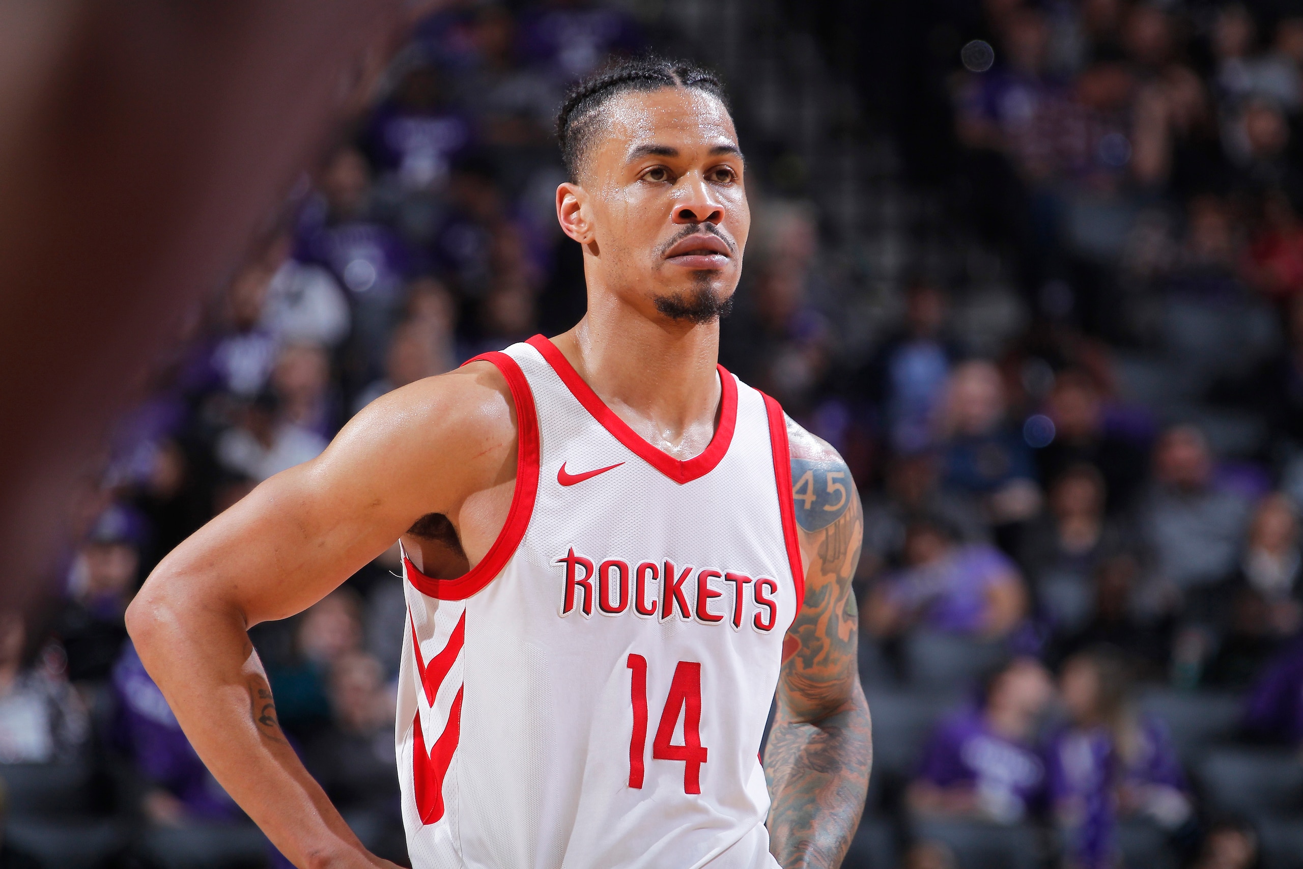 SACRAMENTO, CA - APRIL 11: Gerald Green #14 of the Houston Rockets looks on during the game against the Sacramento Kings on April 11, 2018 at Golden 1 Center in Sacramento, California. NOTE TO USER: User expressly acknowledges and agrees that, by download