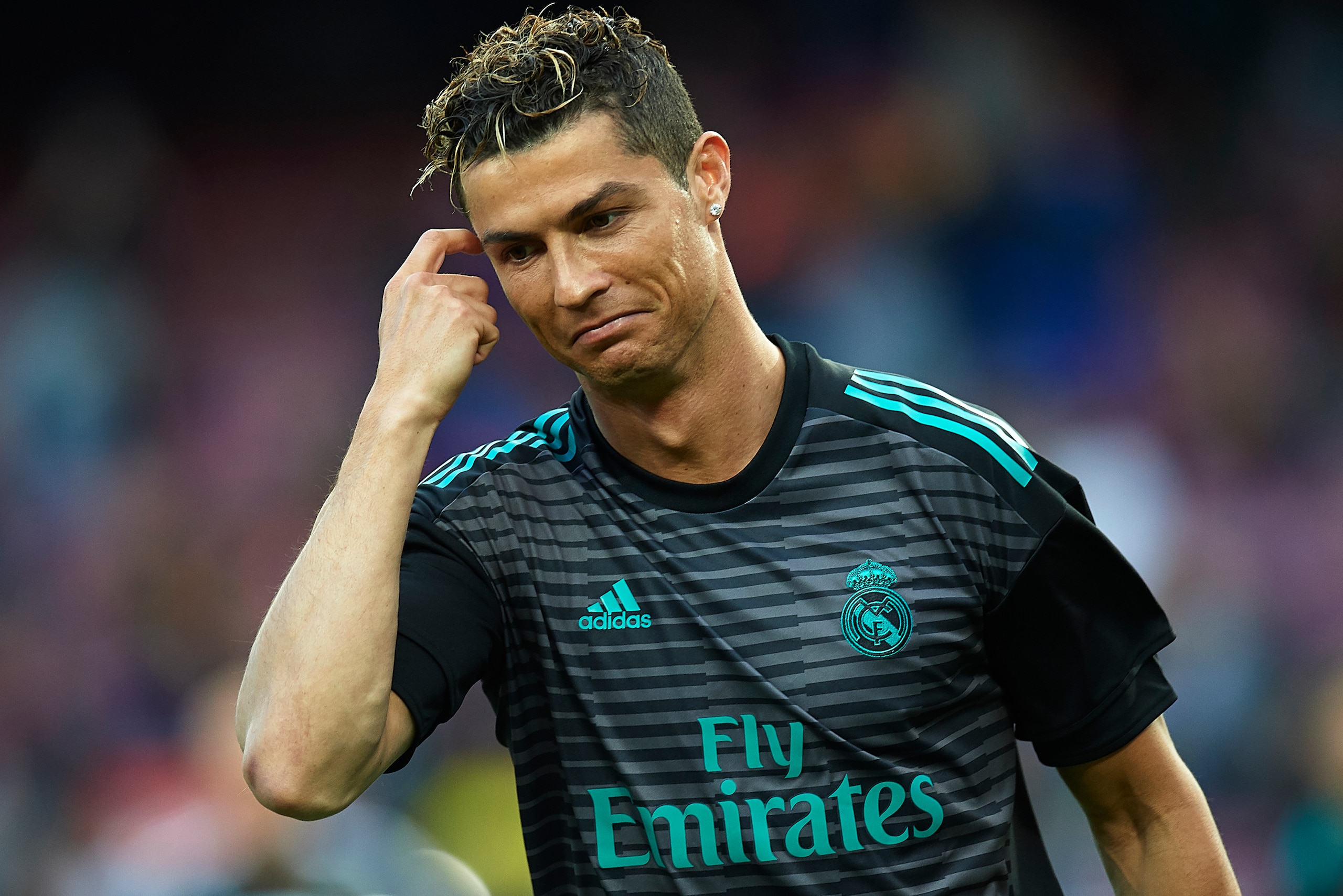 BARCELONA, SPAIN - MAY 06:  Cristiano Ronaldo of Barcelona reacts before the La Liga match between Barcelona and Real Madrid at Camp Nou on May 6, 2018 in Barcelona, Spain.  (Photo by Quality Sport Images/Getty Images)