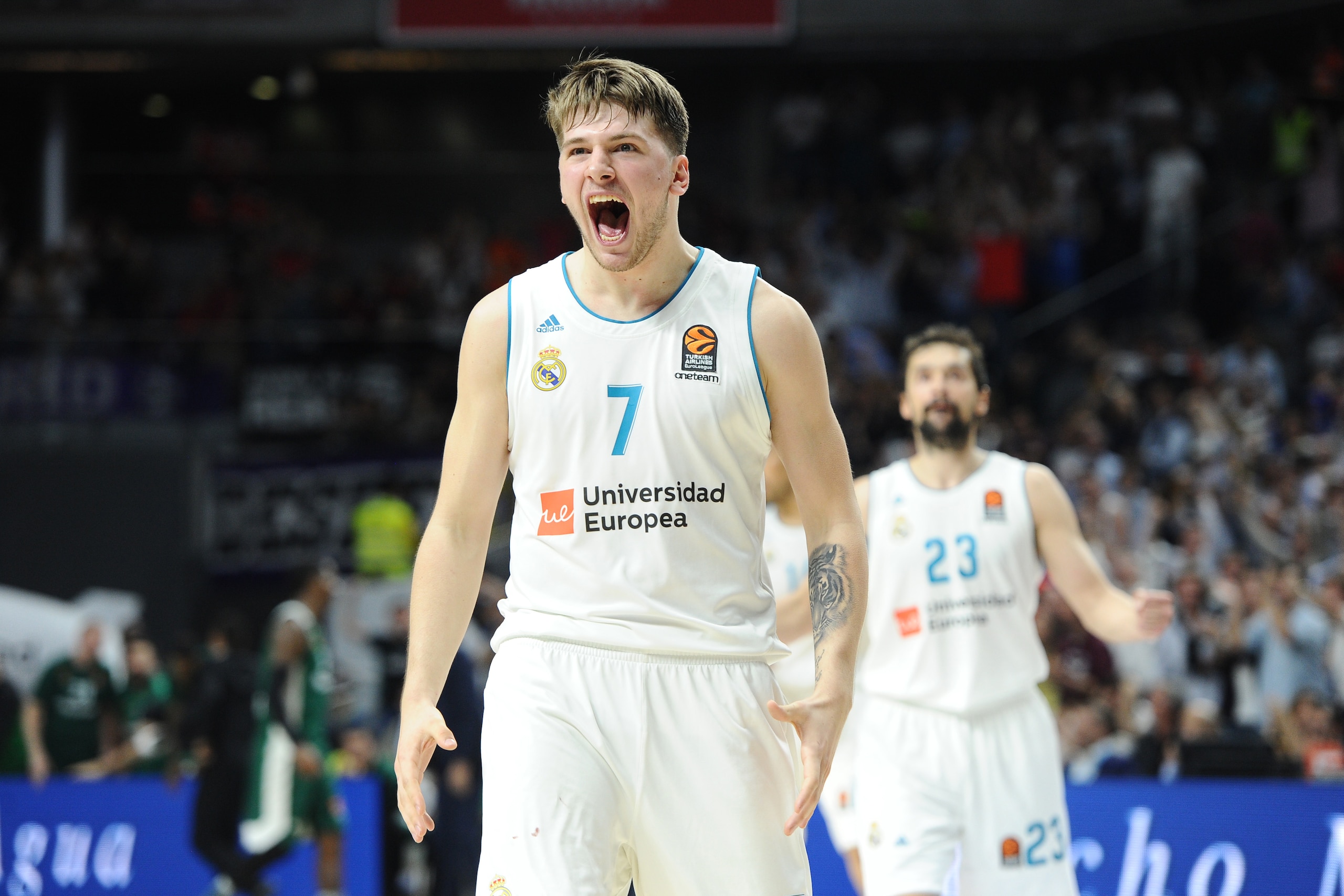 MADRID, SPAIN - APRIL 27: Luka Doncic, #7 guard of Real Madrid during the 2017/2018 Turkish Airlines Euroleague Play Off Leg Four between Real Madrid v Panathinaikos Superfoods Athens at WiZink Center on April 27, 2018 in Madrid, Spain. (Photo by Sonia Ca