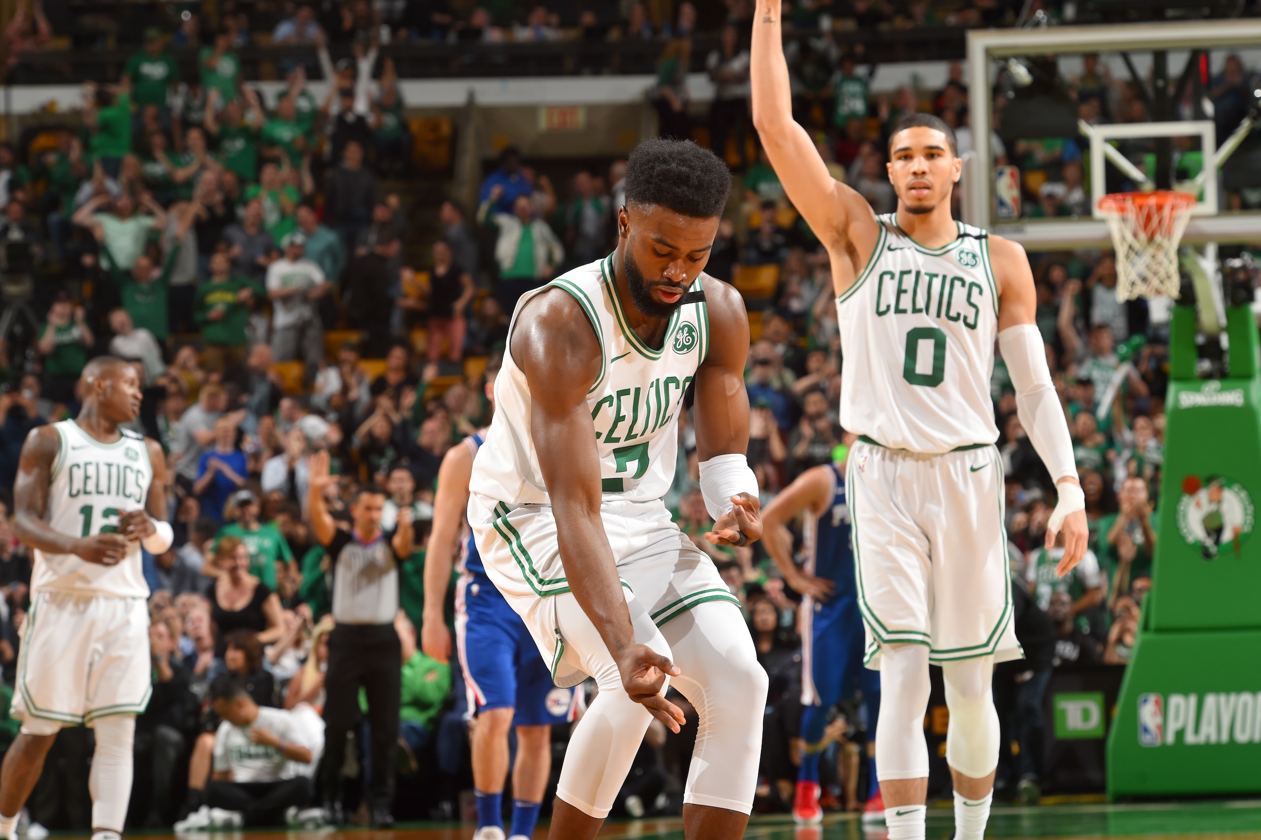 BOSTON, MA - MAY 9: Jaylen Brown #7 of the Boston Celtics reacts during the game against the Philadelphia 76ers during Game Five of the Eastern Conference Semifinals of the 2018 NBA Playoffs on May 9, 2018 at the TD Garden in Boston, Massachusetts. NOTE T