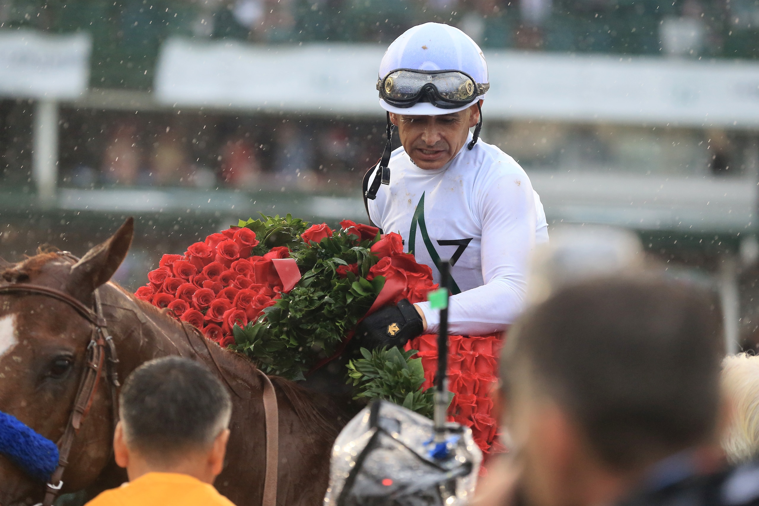 LOUISVILLE, KY - MAY 05:  Jockey Mike Smith celebrates atop of Justify #7 after winning the 144th running of the Kentucky Derby at Churchill Downs on May 5, 2018 in Louisville, Kentucky.  (Photo by Sean M. Haffey/Getty Images)