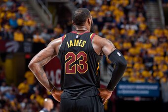 CLEVELAND, OH - MAY 7: LeBron James #23 of the Cleveland Cavaliers looks on in Game Four of the Eastern Conference Semifinals against the Toronto Raptors during the 2018 NBA Playoffs on May 7, 2018 at Quicken Loans Arena in Cleveland, Ohio. NOTE TO USER: 