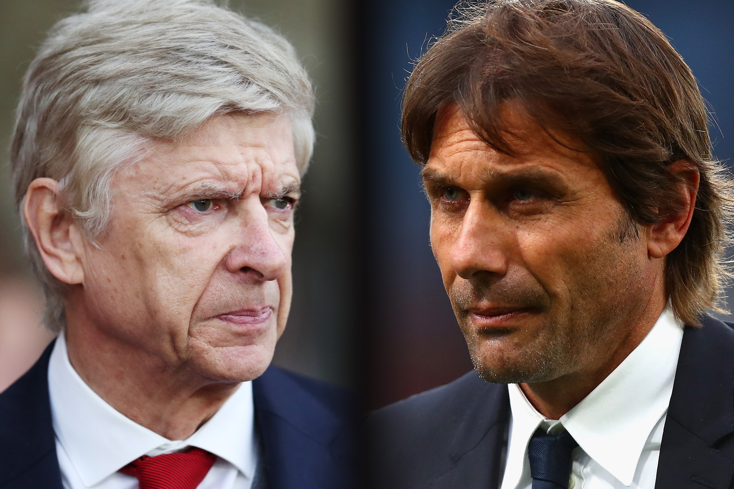 FILE PHOTO (EDITORS NOTE: GRADIENT ADDED - COMPOSITE OF TWO IMAGES - Image numbers (L) 889346808 and 861285074) In this composite image a comparision has been made between Arsene Wenger, Manager of Arsenal (L) and Antonio Conte, Manager of Chelsea.  Arsen